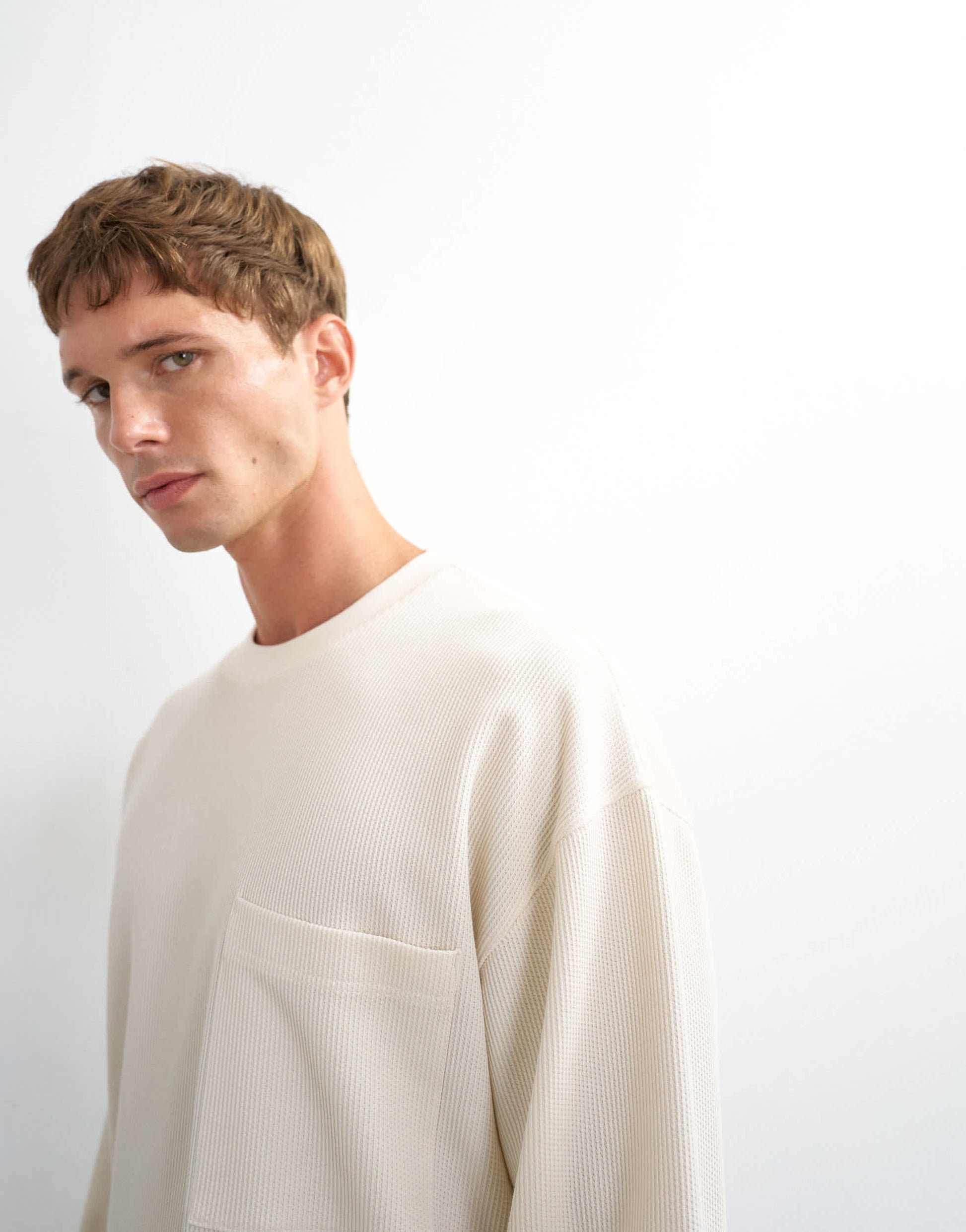 Topman relaxed fit crop pique waffle long sleeve t-shirt in ecru