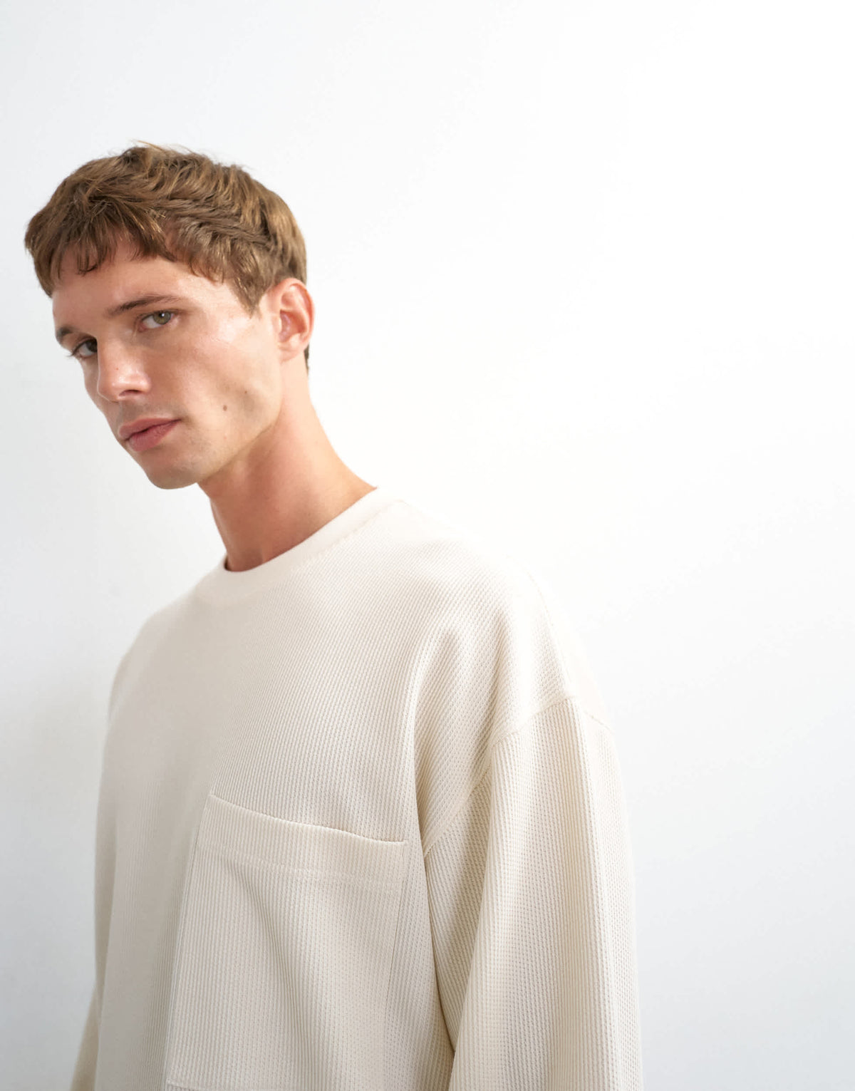 Topman relaxed fit crop pique waffle long sleeve t-shirt in ecru