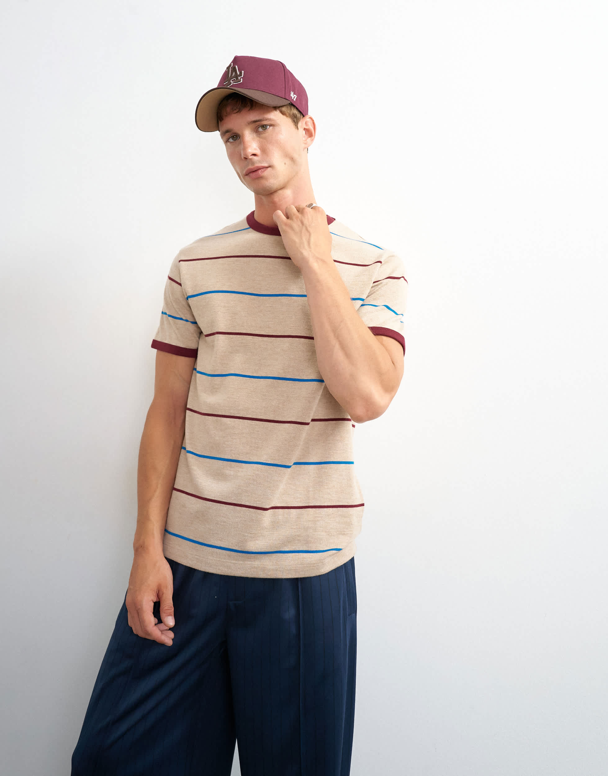 Topman classic fit striped t shirt in oatmeal
