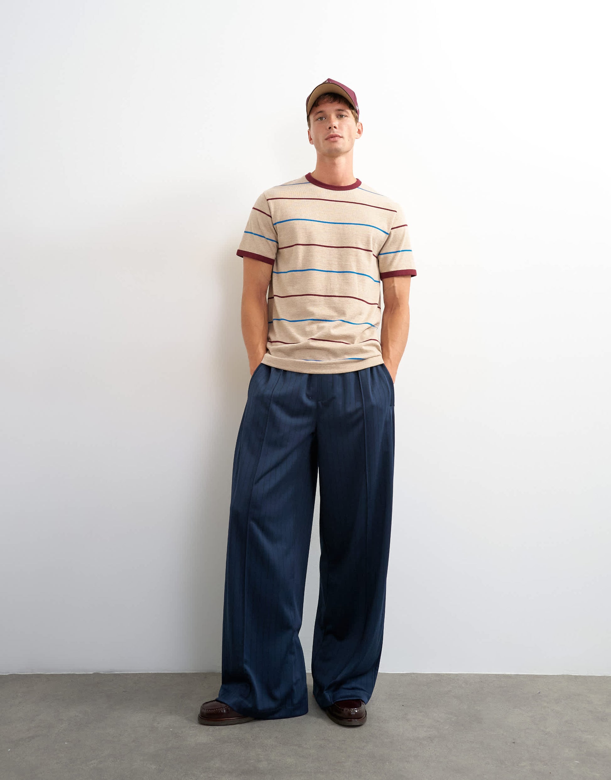 Topman classic fit striped t shirt in oatmeal