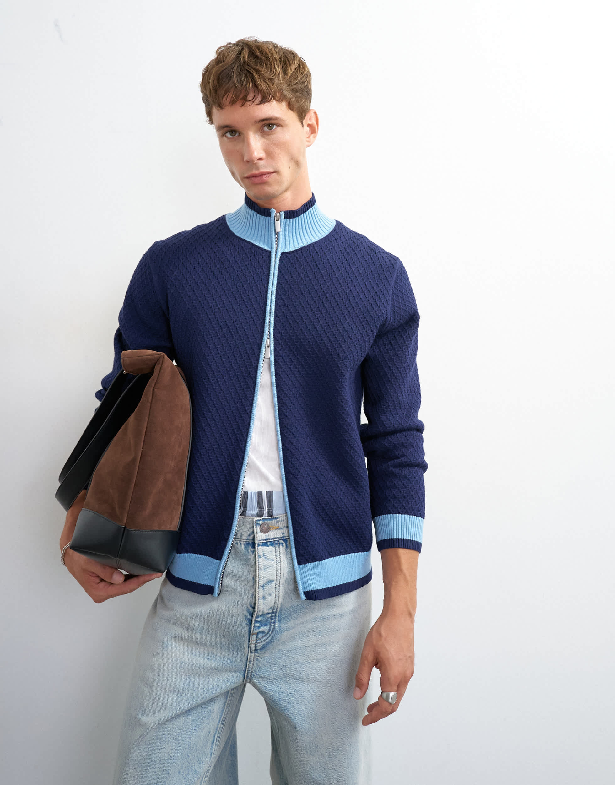 Topman regular fit knitted track cardigan in blue