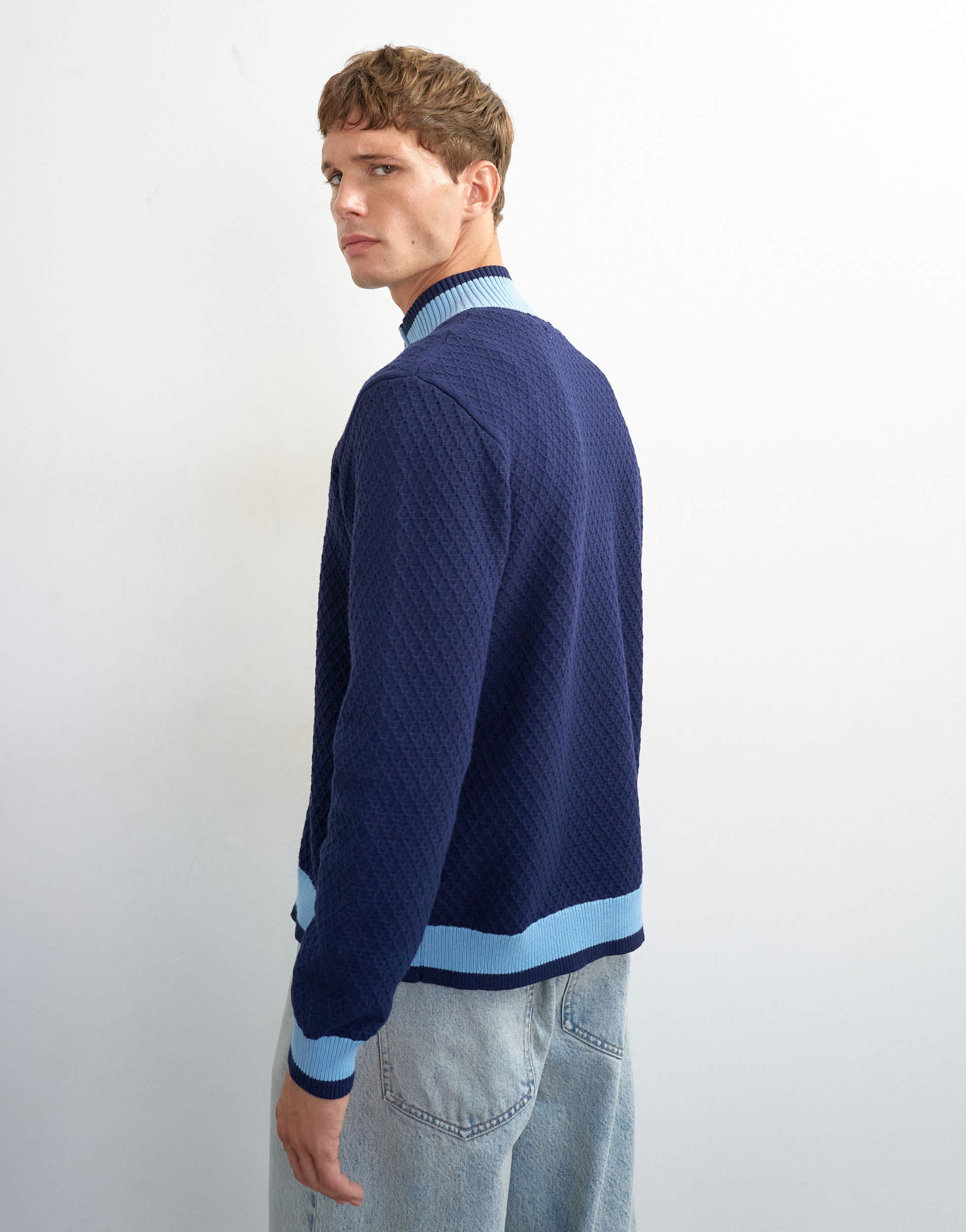 Topman regular fit knitted track cardigan in blue