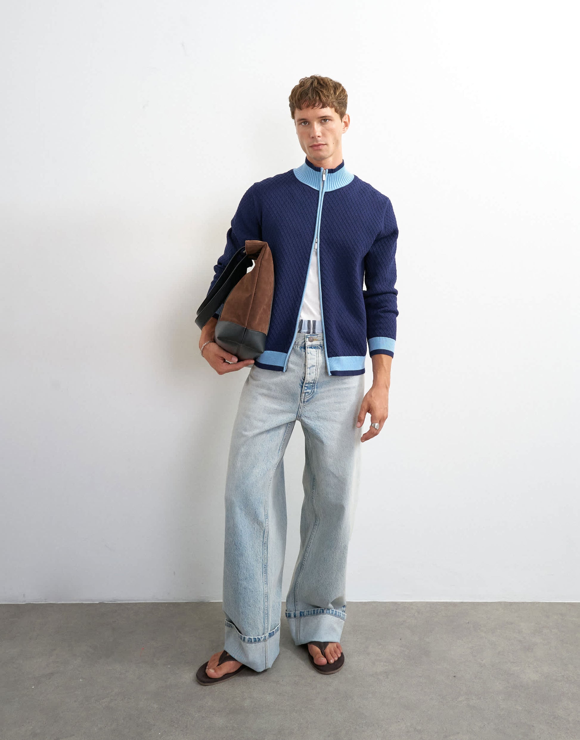 Topman regular fit knitted track cardigan in blue