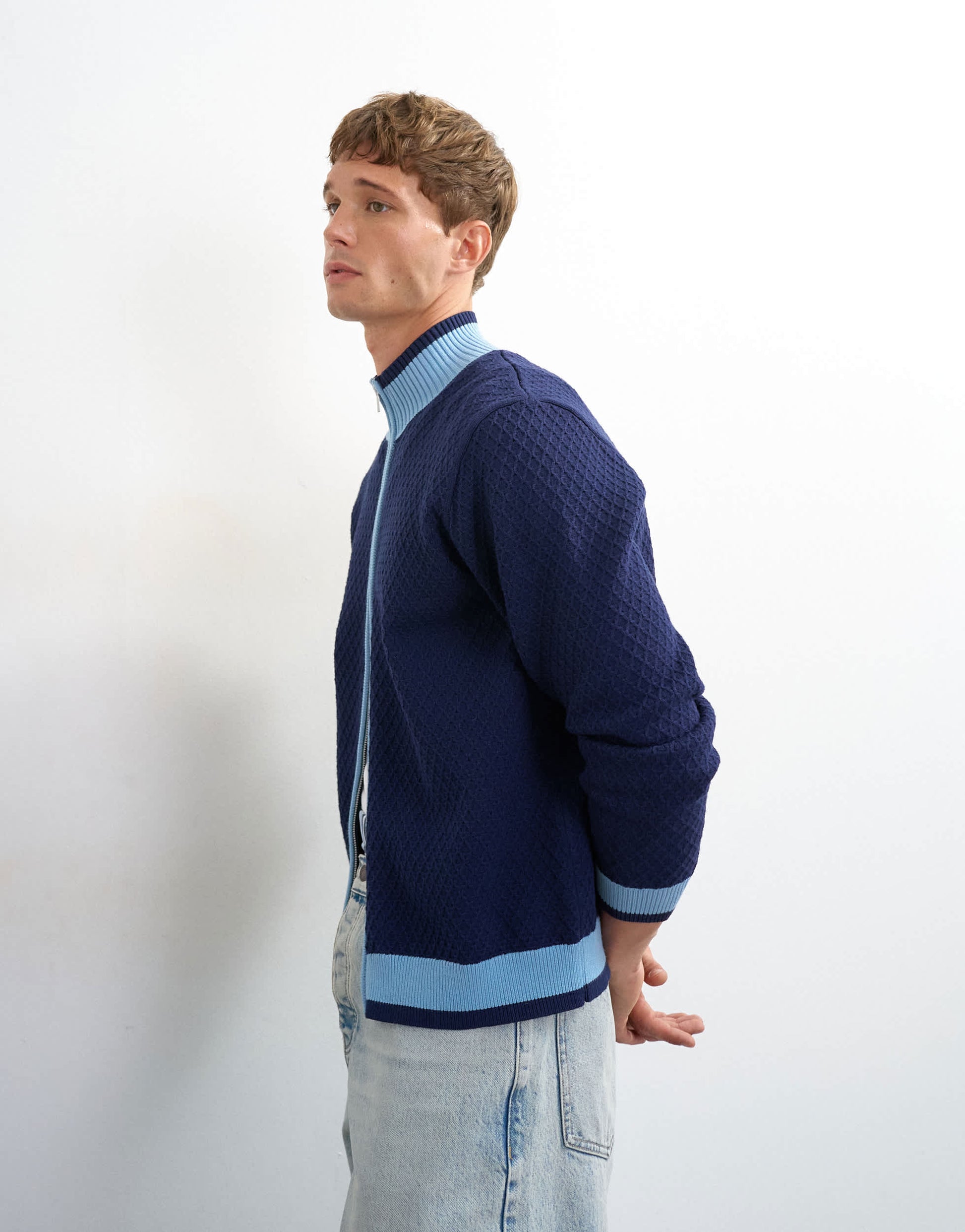 Topman regular fit knitted track cardigan in blue