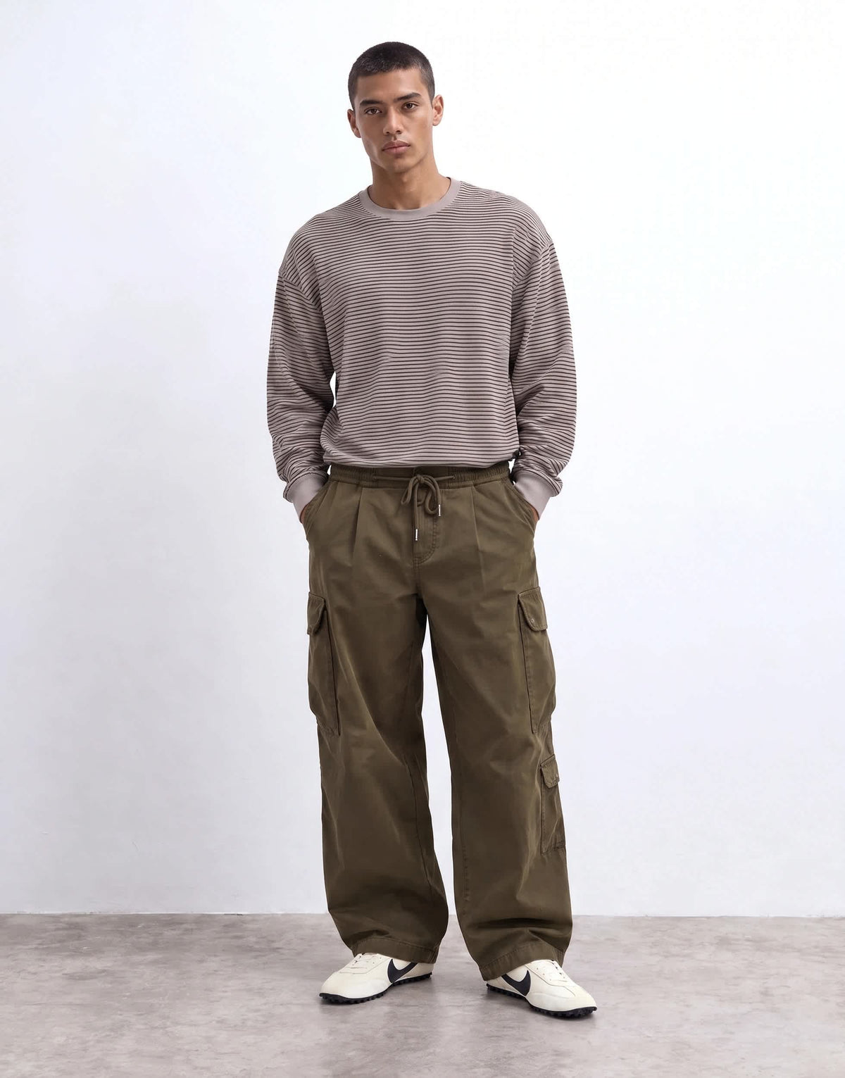 Topman relaxed fit crop long sleeve t-shirt with stripe in grey