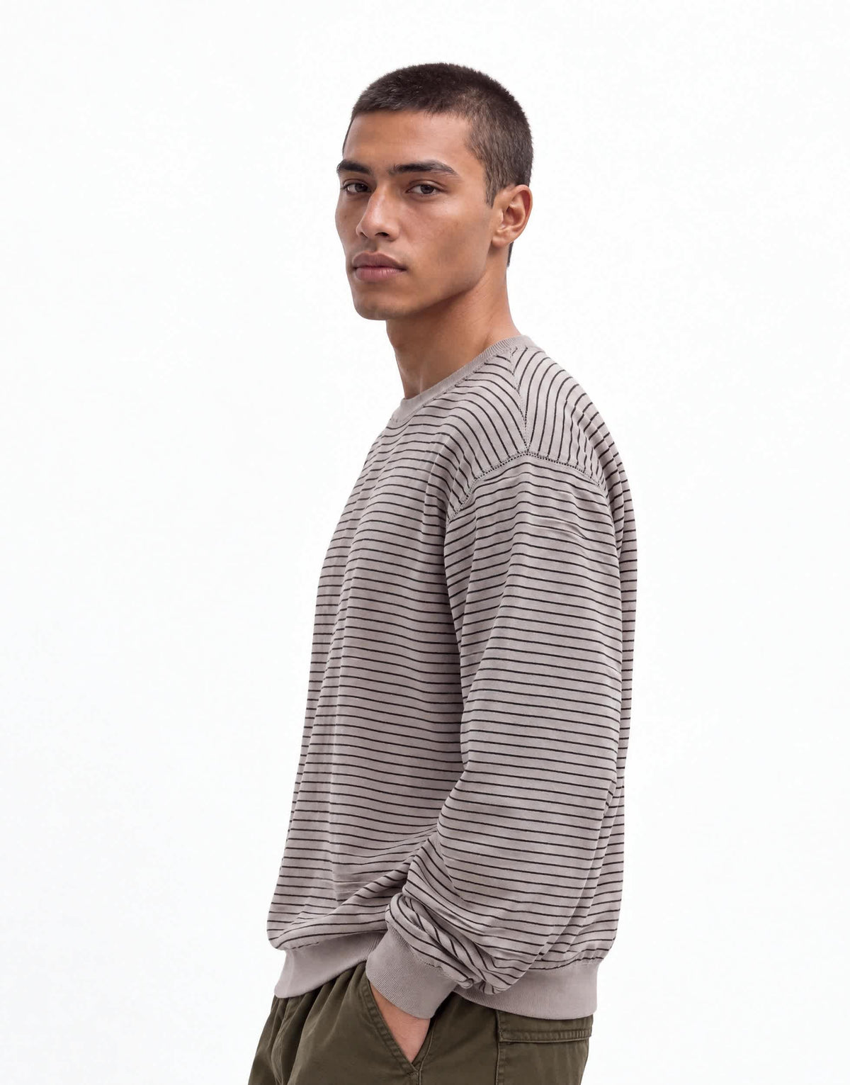 Topman relaxed fit crop long sleeve t-shirt with stripe in grey