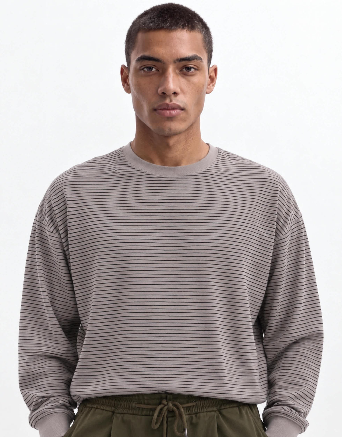 Topman relaxed fit crop long sleeve t-shirt with stripe in grey