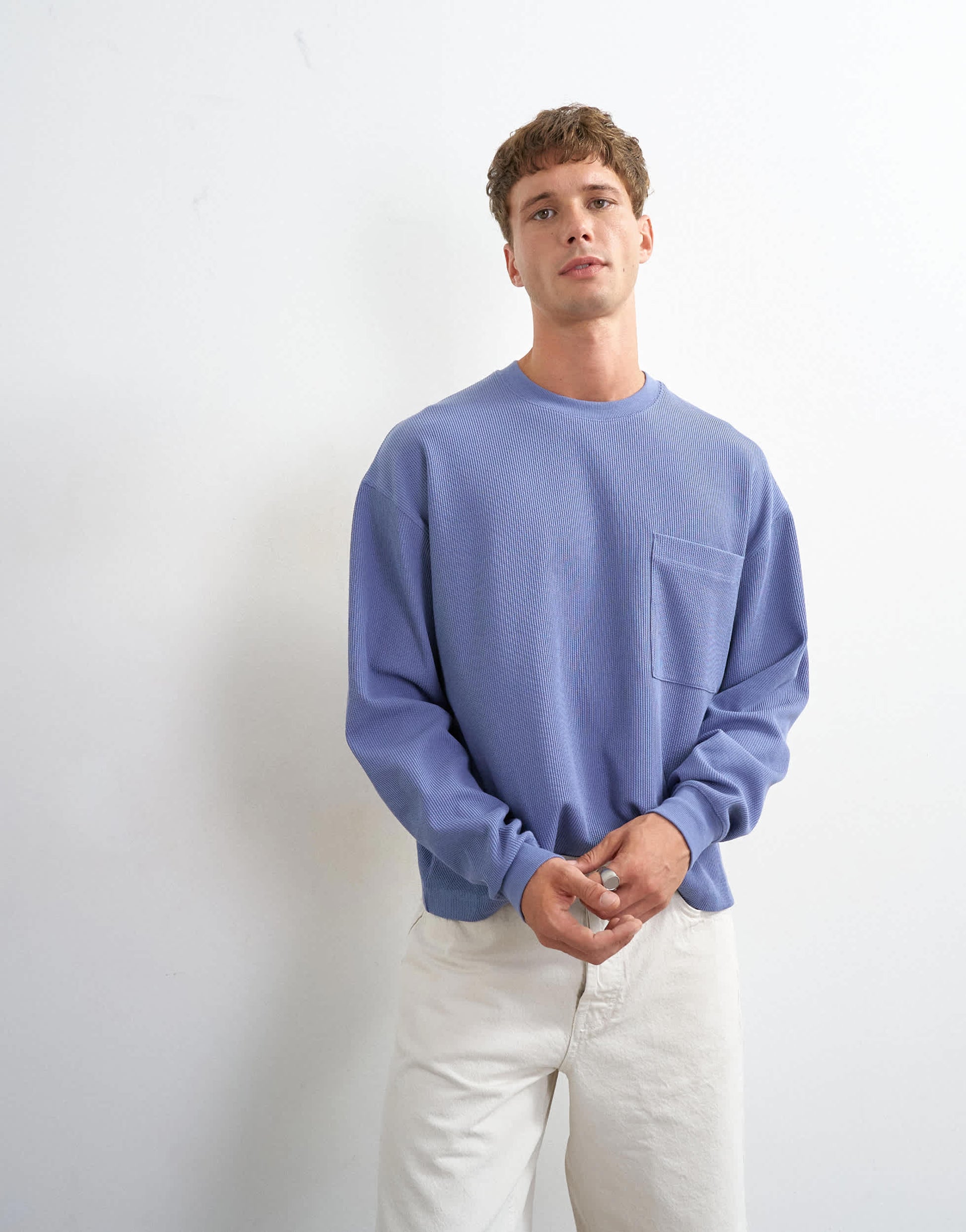 Topman relaxed fit crop pique waffle long sleeve t-shirt in french blue