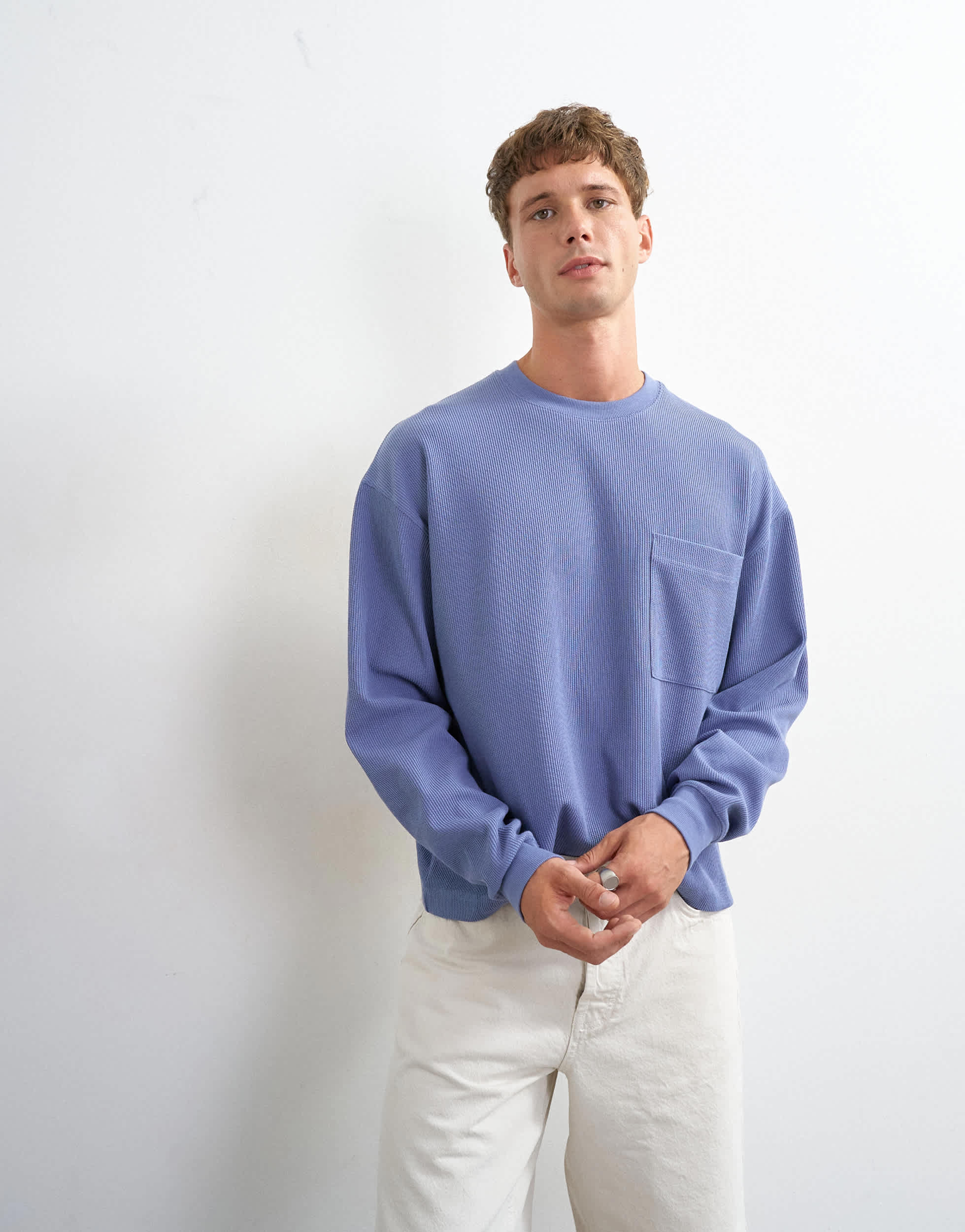 Topman relaxed fit crop pique waffle long sleeve t-shirt in french blue