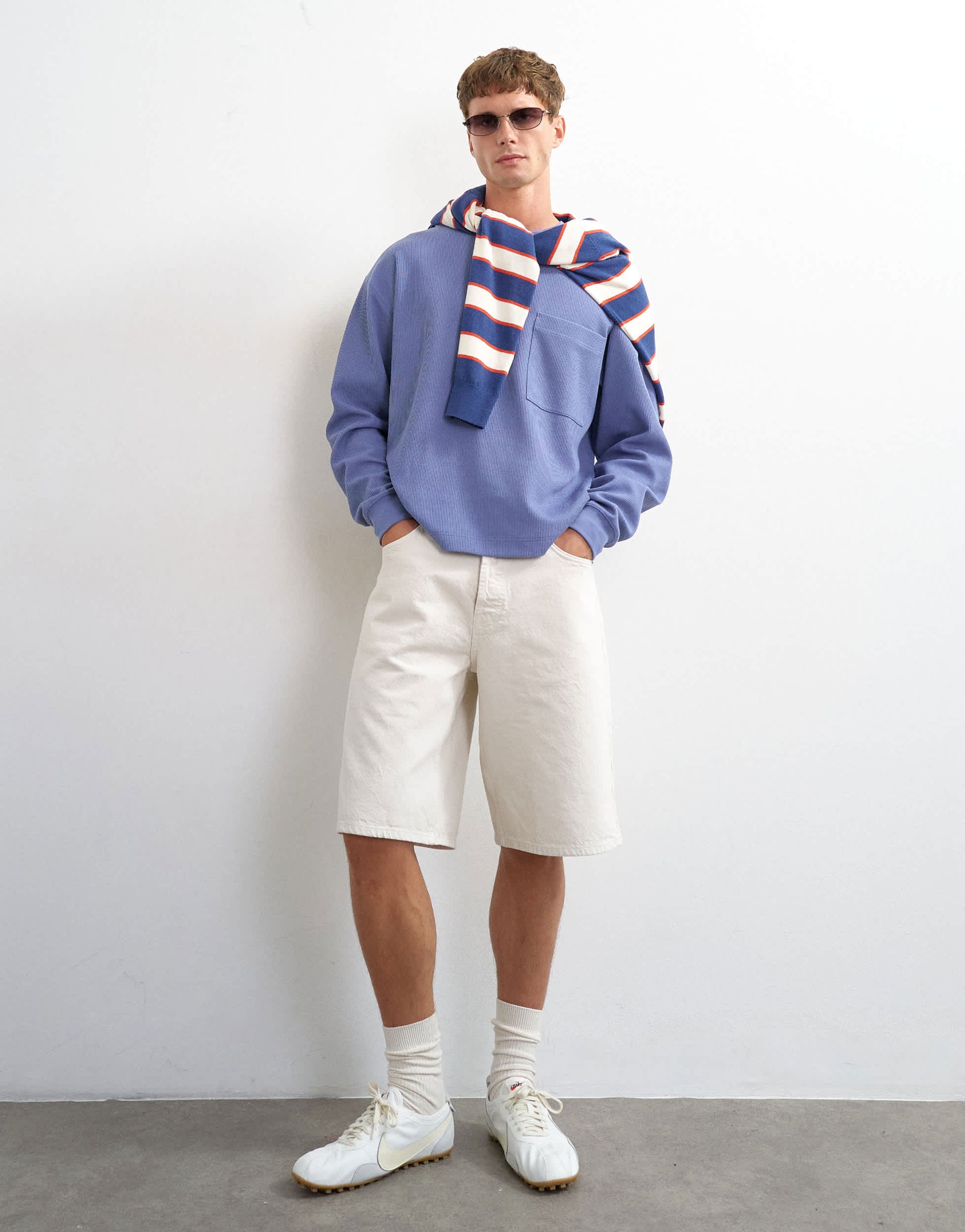 Topman relaxed fit crop pique waffle long sleeve t-shirt in french blue