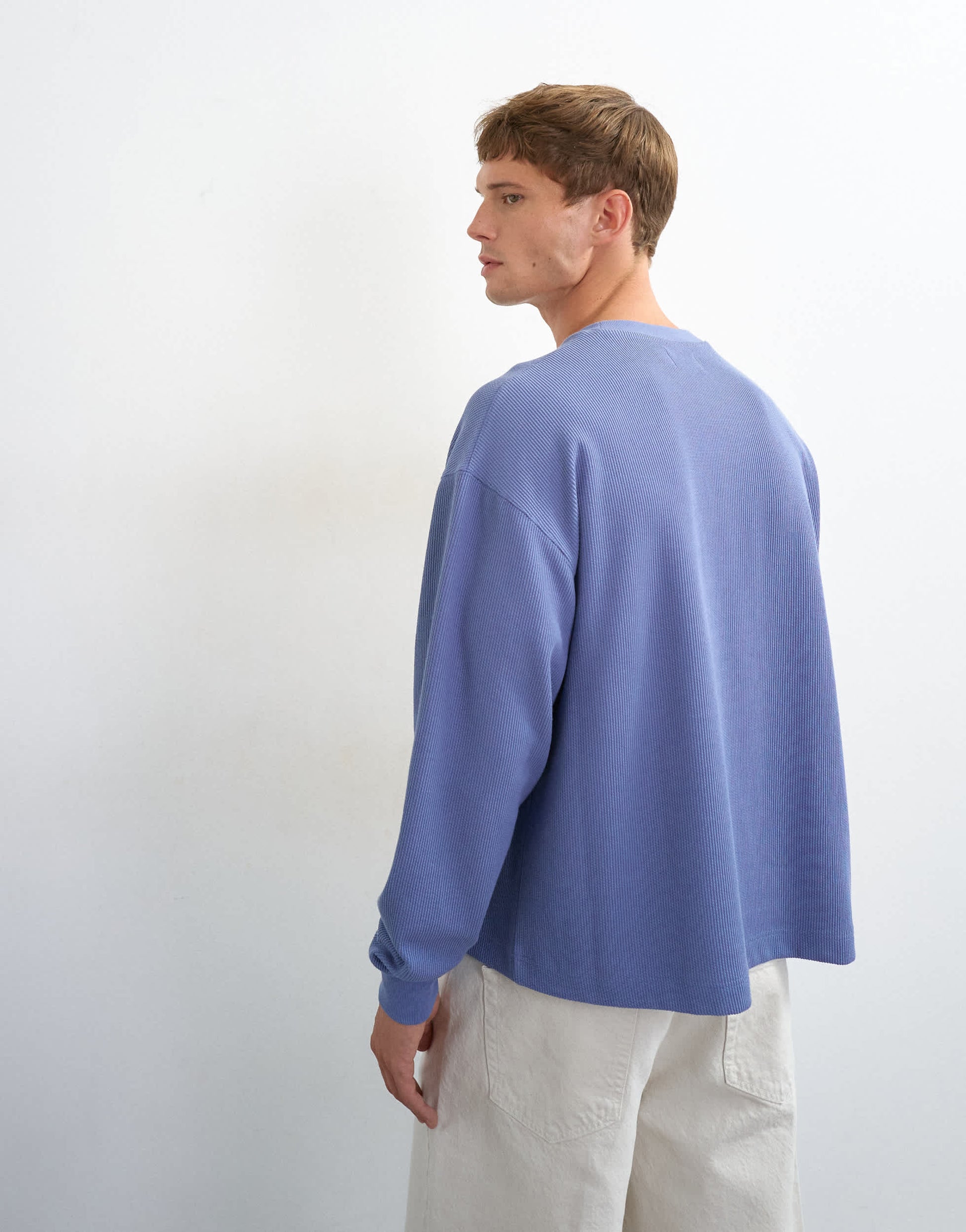 Topman relaxed fit crop pique waffle long sleeve t-shirt in french blue