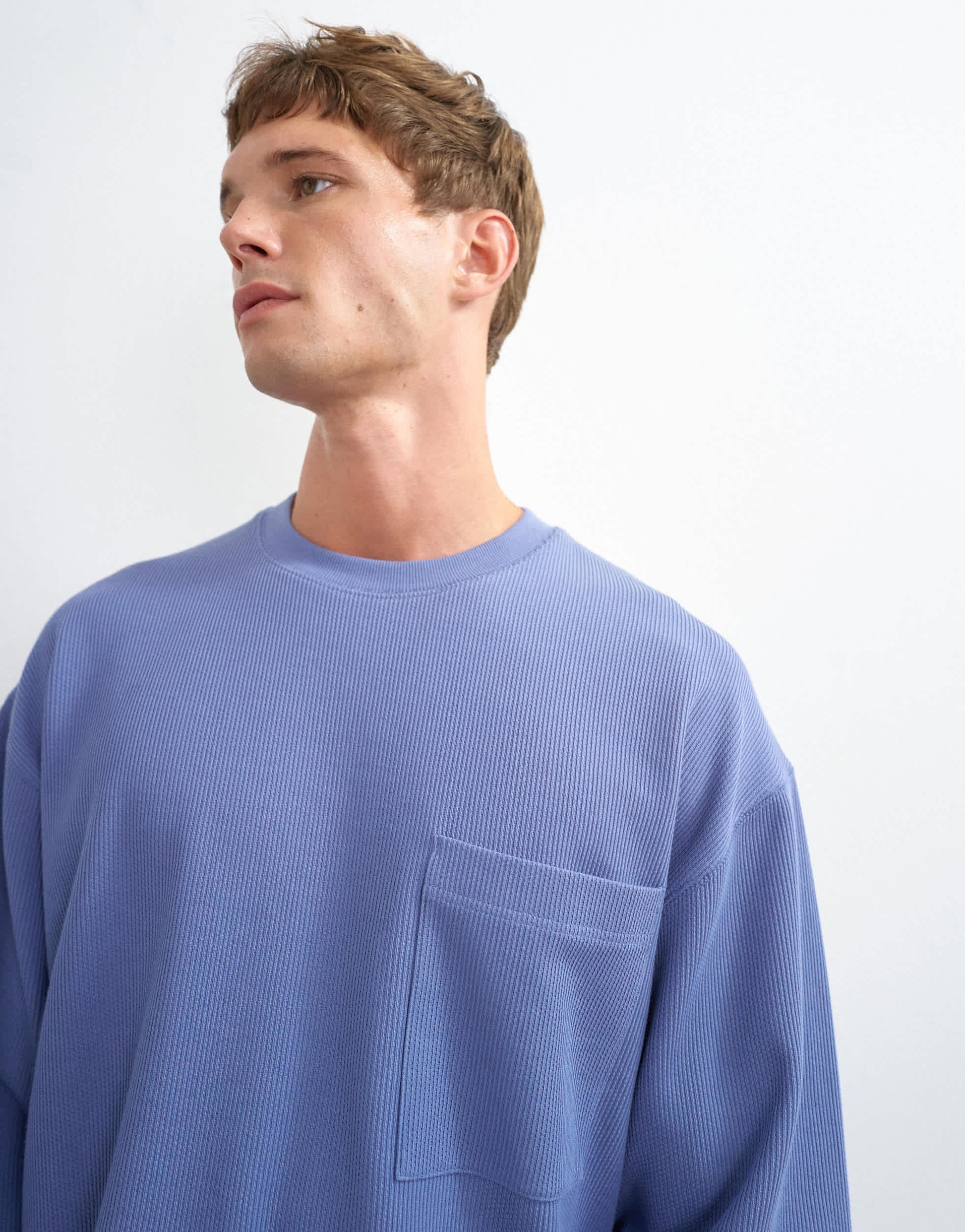 Topman relaxed fit crop pique waffle long sleeve t-shirt in french blue