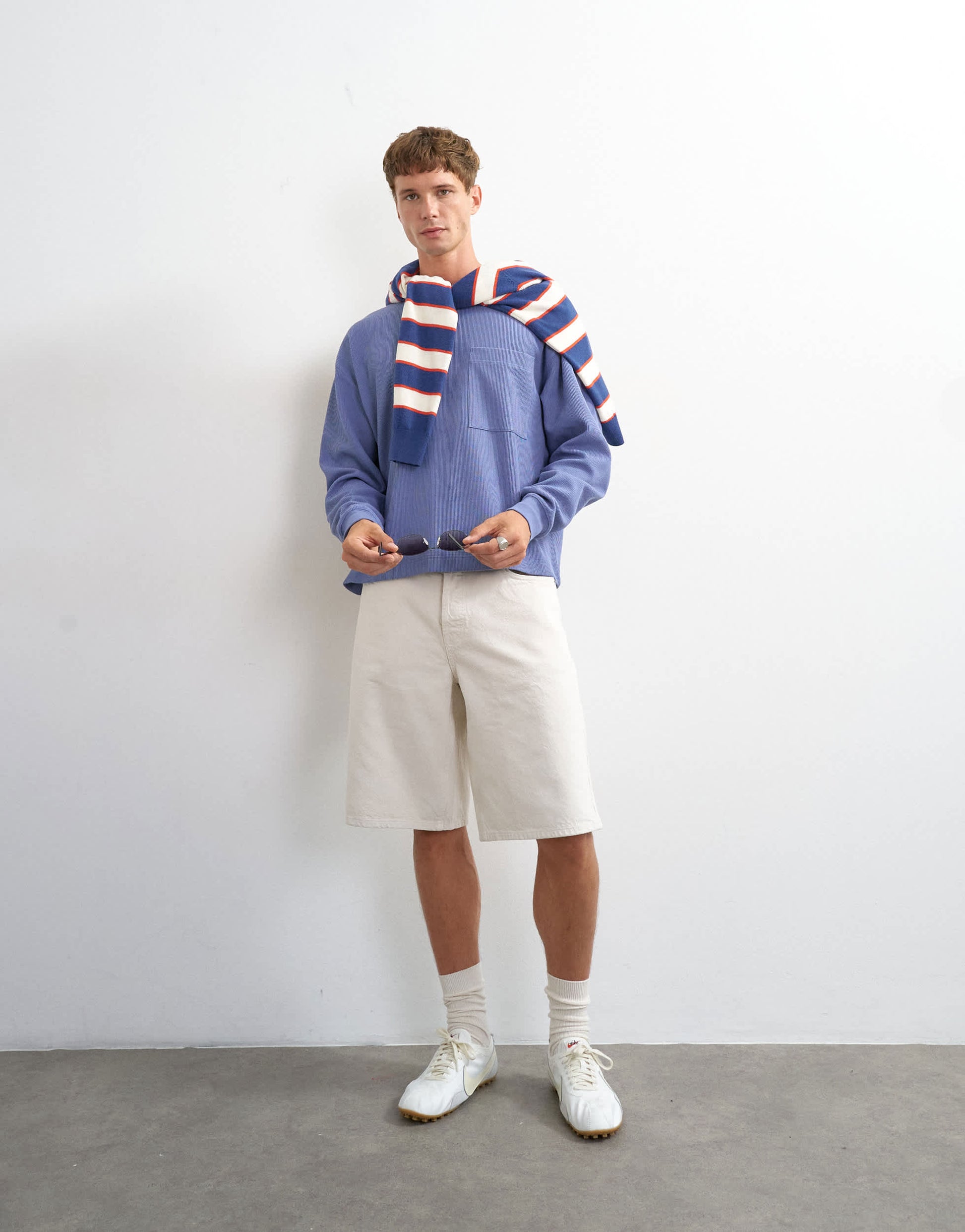 Topman relaxed fit crop pique waffle long sleeve t-shirt in french blue