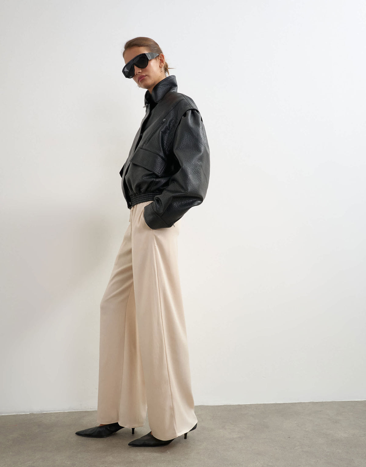 Topshop satin tie waist wide leg trouser in ecru