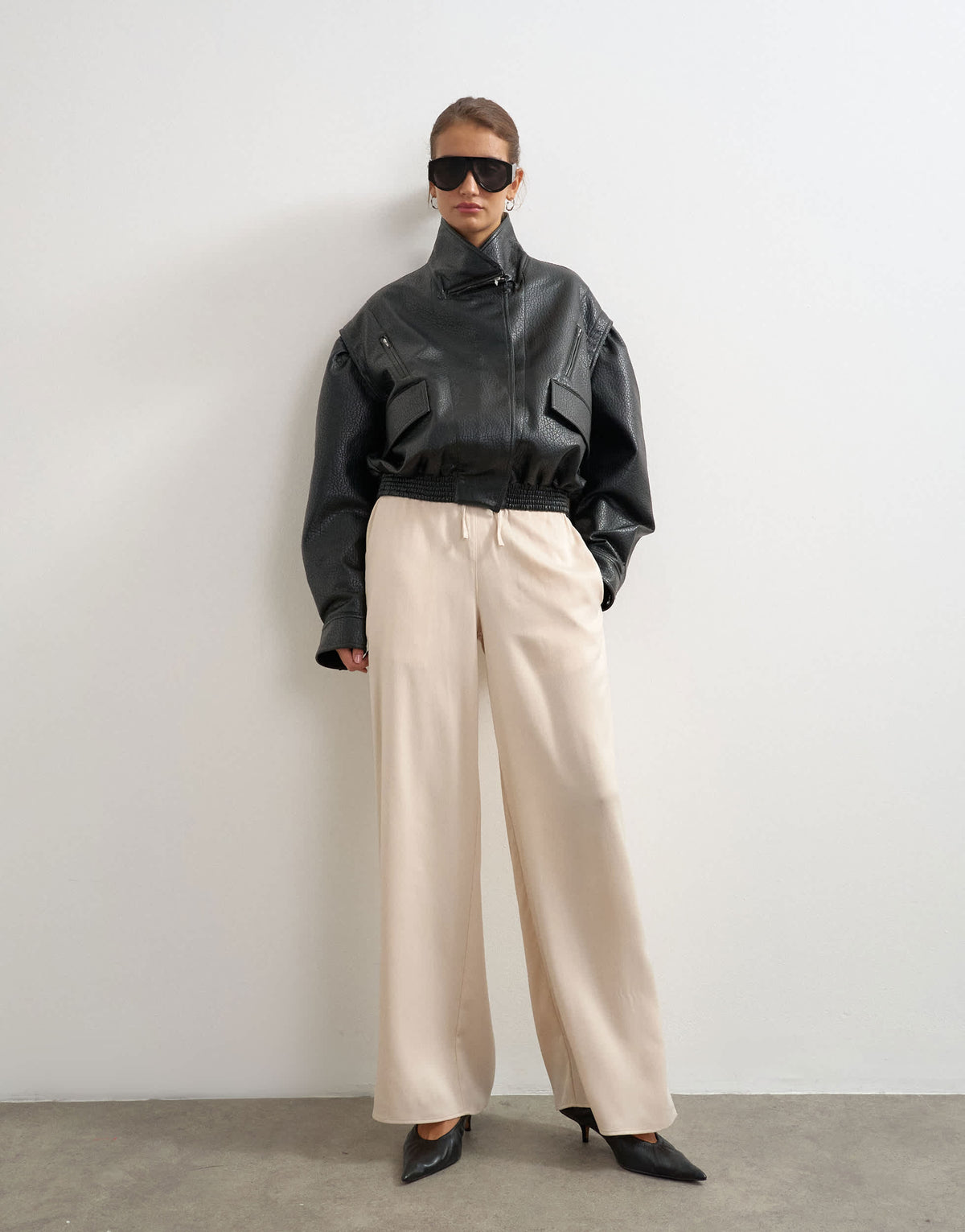 Topshop satin tie waist wide leg trouser in ecru