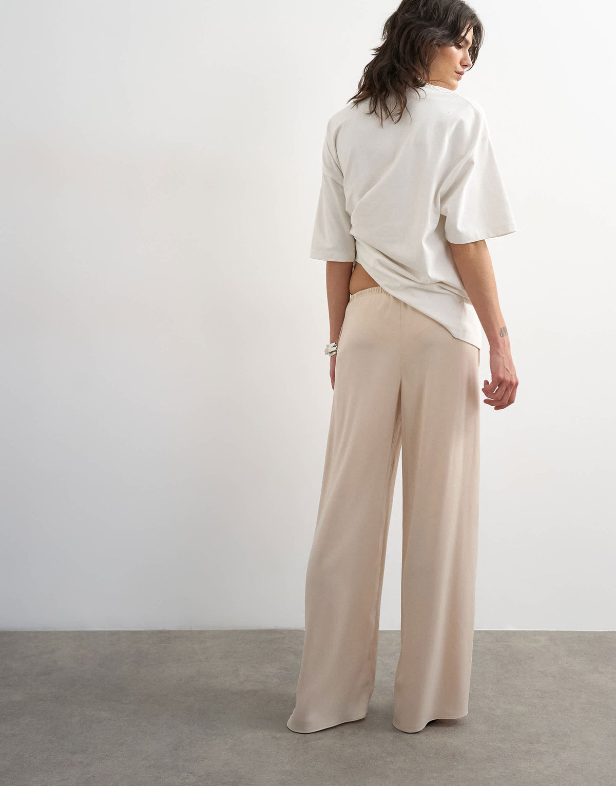 Topshop satin tie waist wide leg trouser in ecru