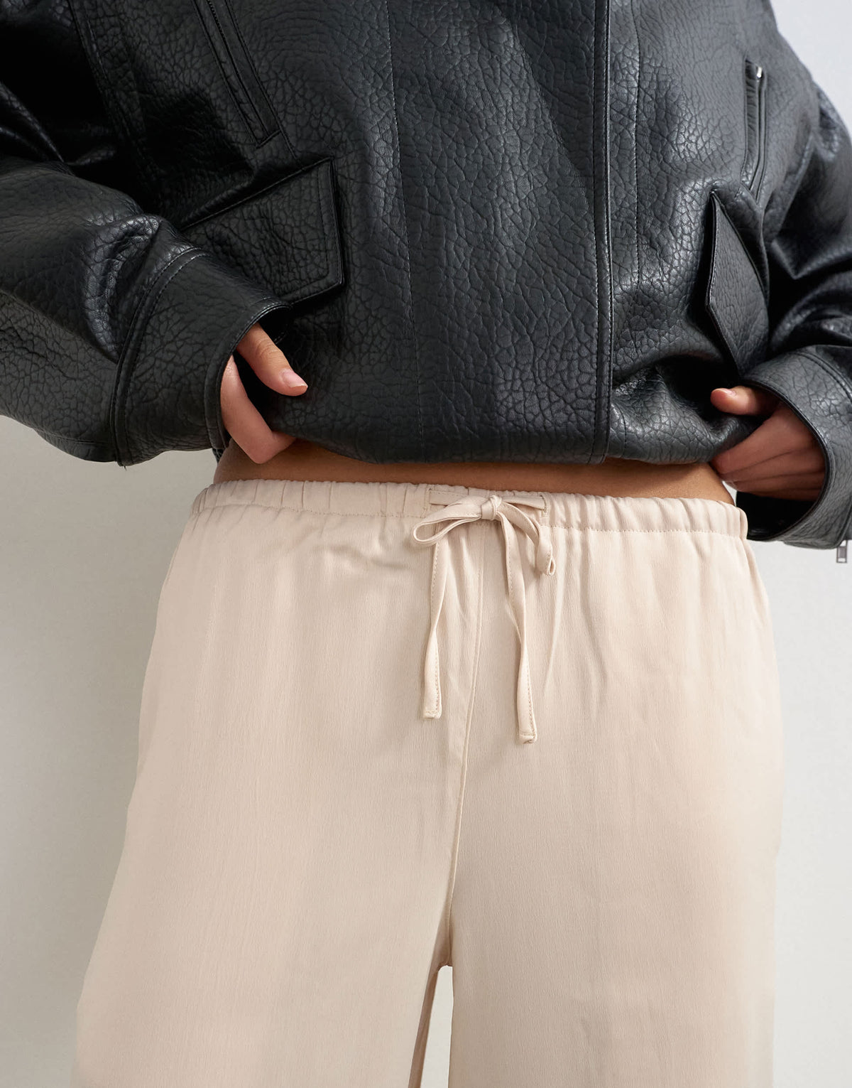 Topshop satin tie waist wide leg trouser in ecru