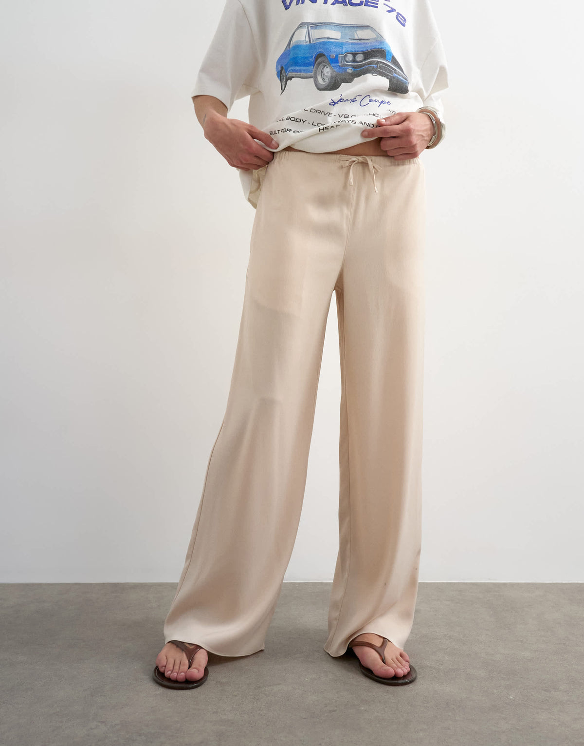 Topshop satin tie waist wide leg trouser in ecru