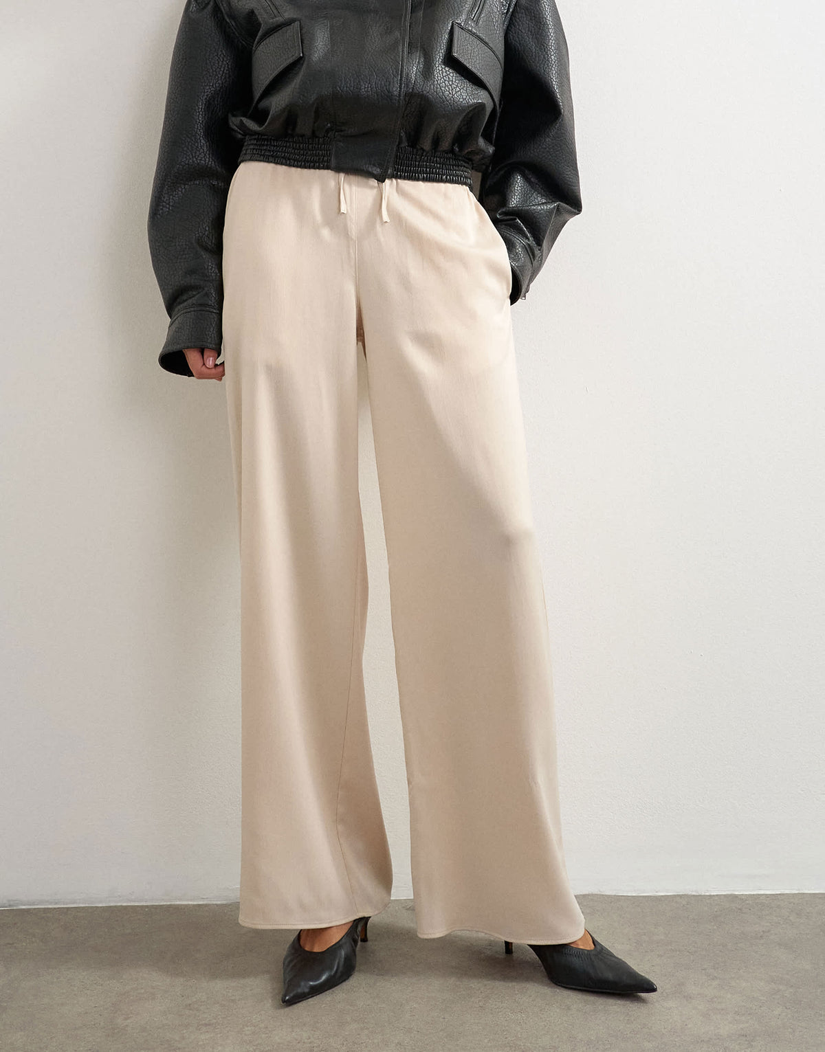 Topshop satin tie waist wide leg trouser in ecru