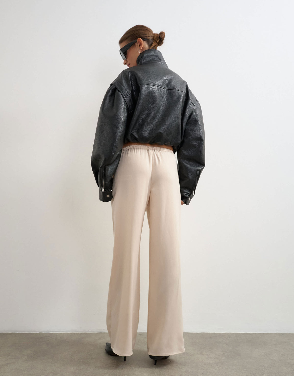 Topshop satin tie waist wide leg trouser in ecru
