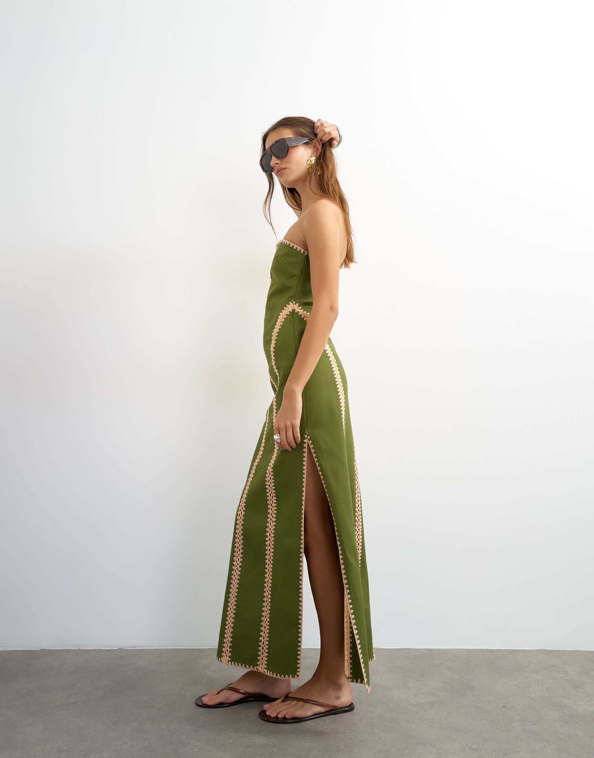 Topshop contrast crochet detail bandeau maxi dress in green and peach