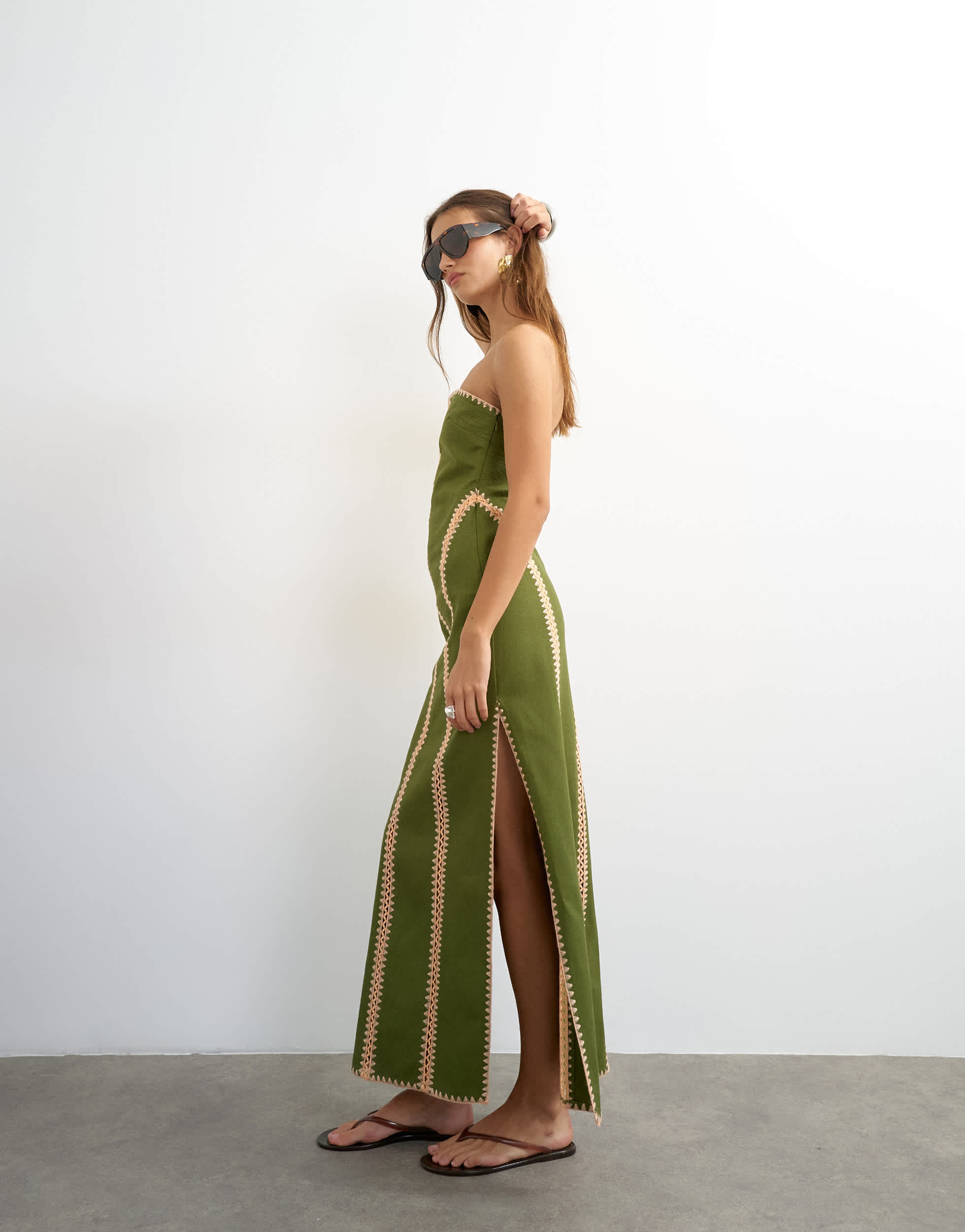 Topshop contrast crochet detail bandeau maxi dress in green and peach