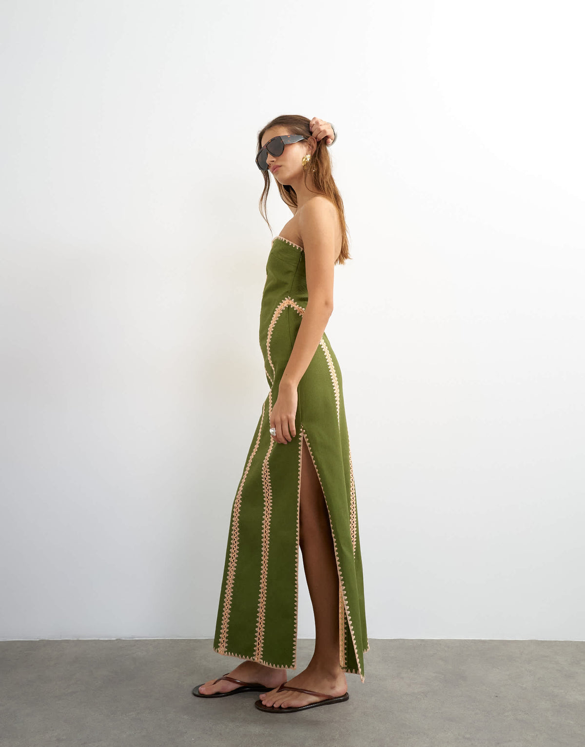 Topshop contrast crochet detail bandeau maxi dress in green and peach