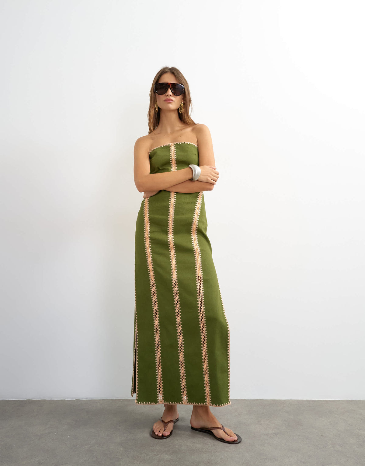 Topshop contrast crochet detail bandeau maxi dress in green and peach