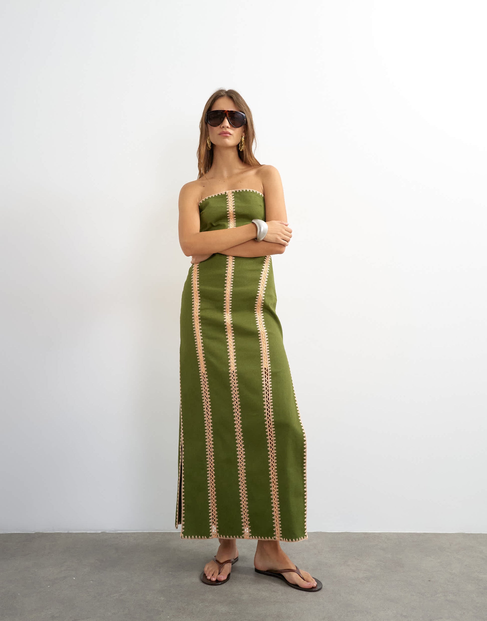 Topshop contrast crochet detail bandeau maxi dress in green and peach