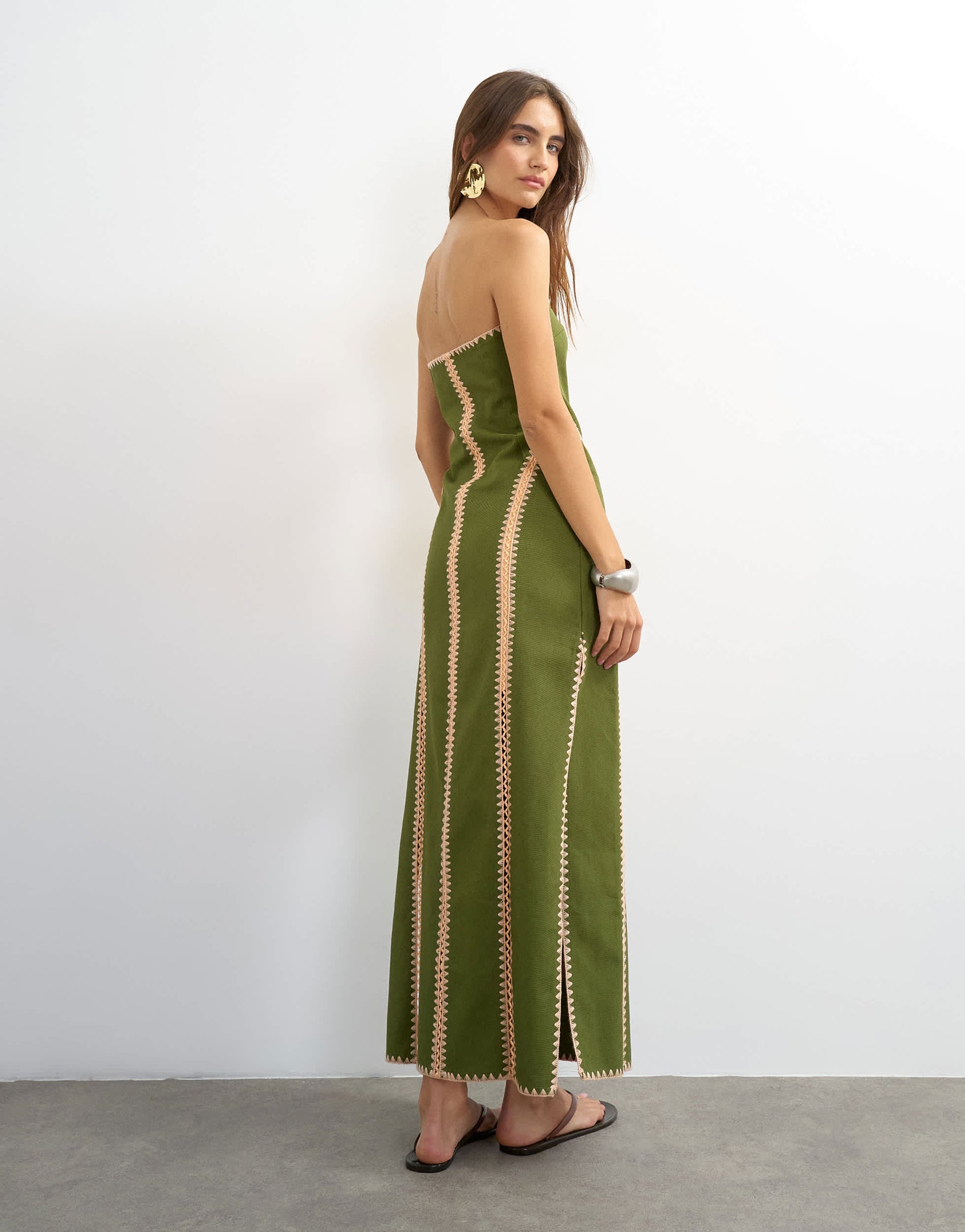 Topshop contrast crochet detail bandeau maxi dress in green and peach