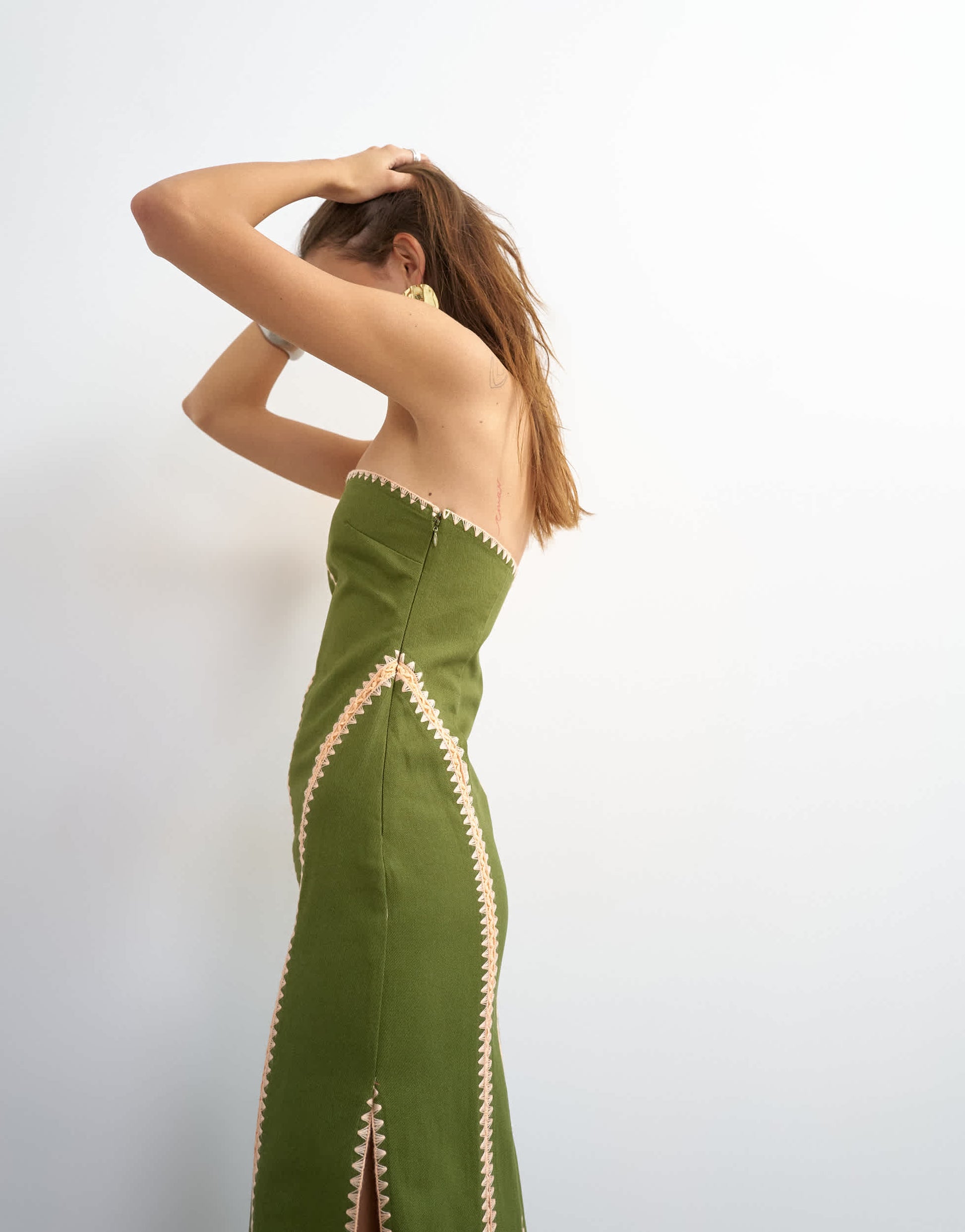 Topshop contrast crochet detail bandeau maxi dress in green and peach