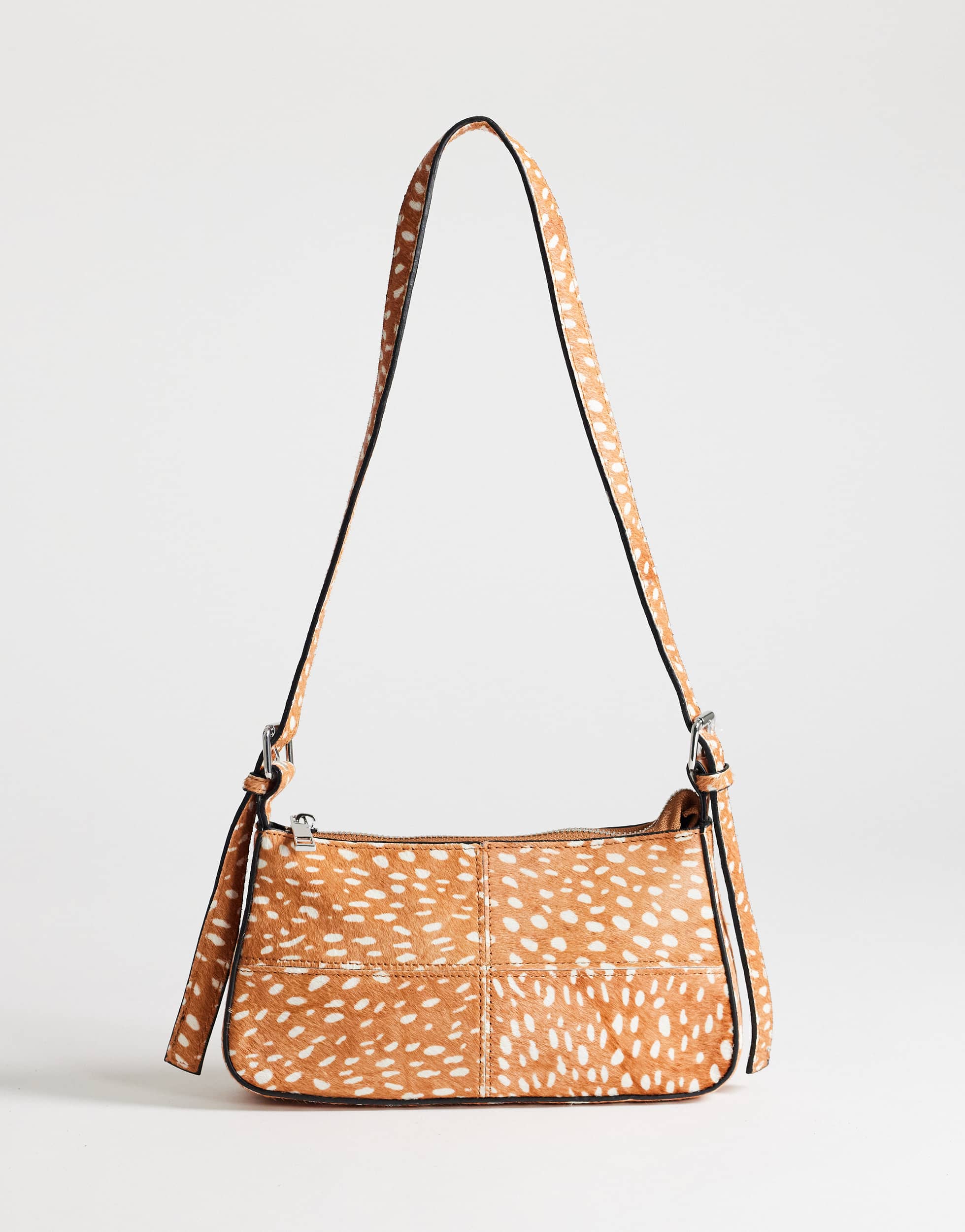 Topshop Bam small deer print hair on leather panel shoulder bag in tan