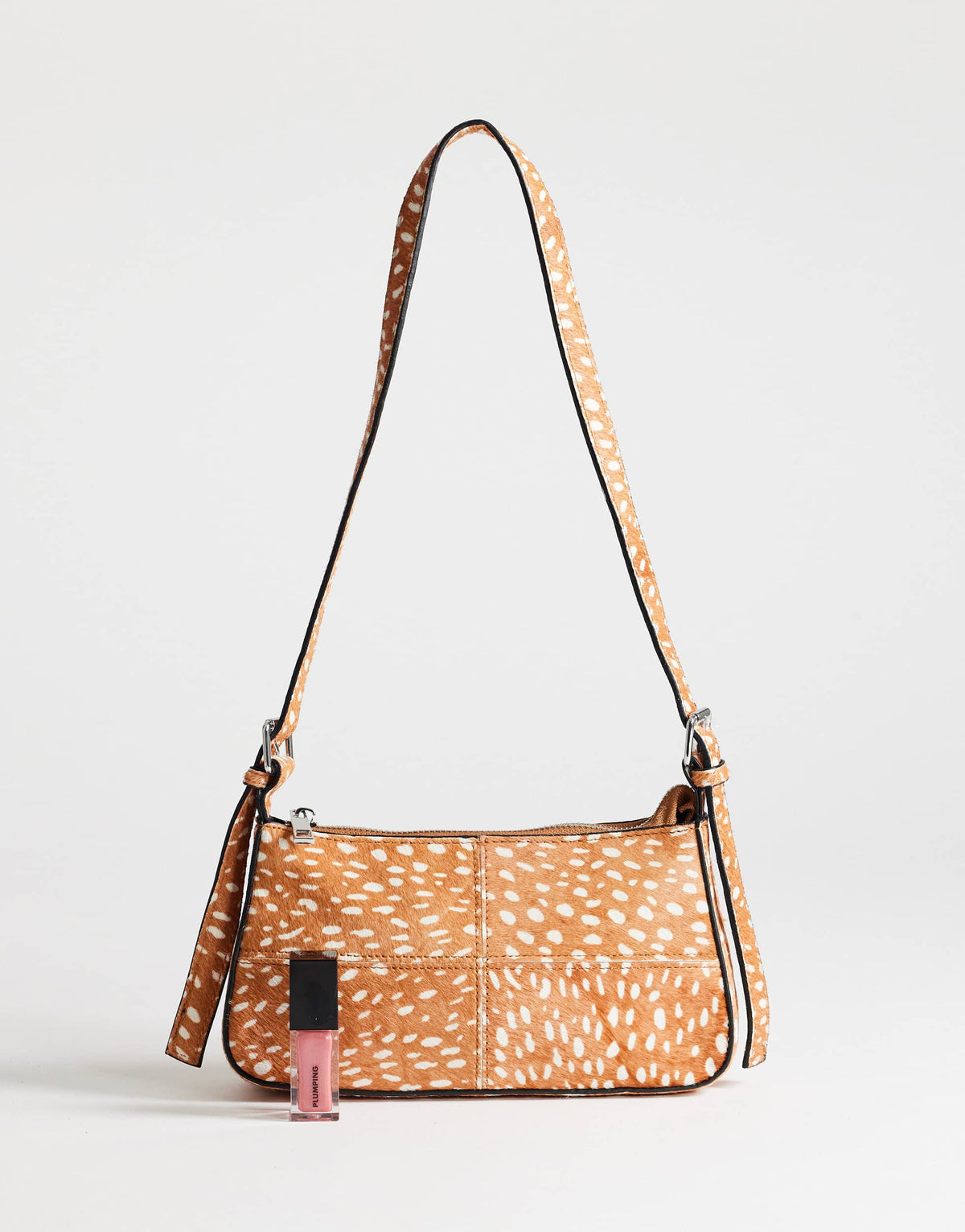  Topshop Bam small deer print hair on leather panel shoulder bag in tan
