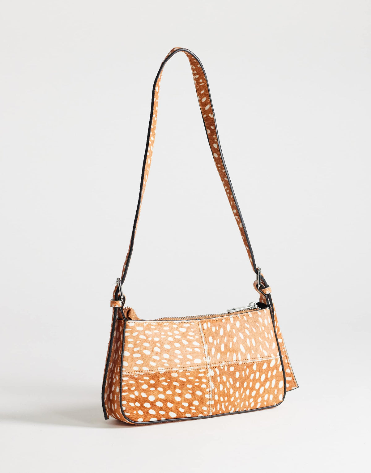  Topshop Bam small deer print hair on leather panel shoulder bag in tan