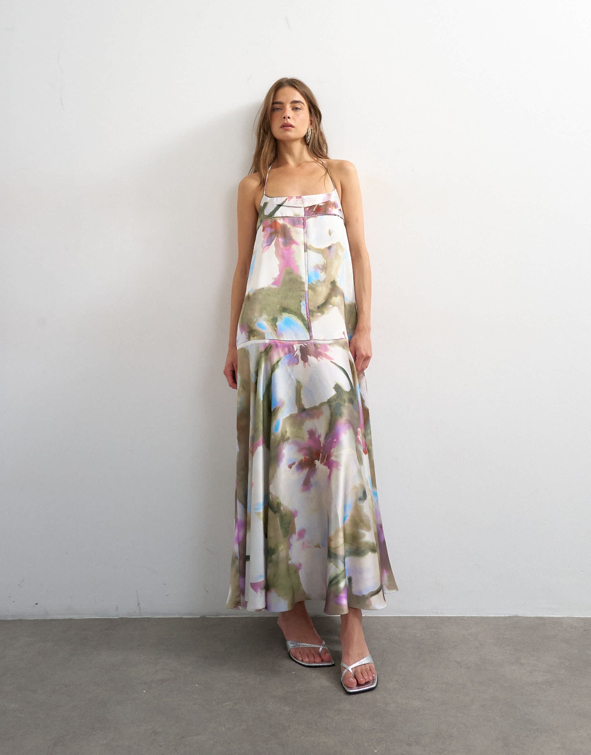 Topshop satin seamed maxi dress with piped edges in painterly floral