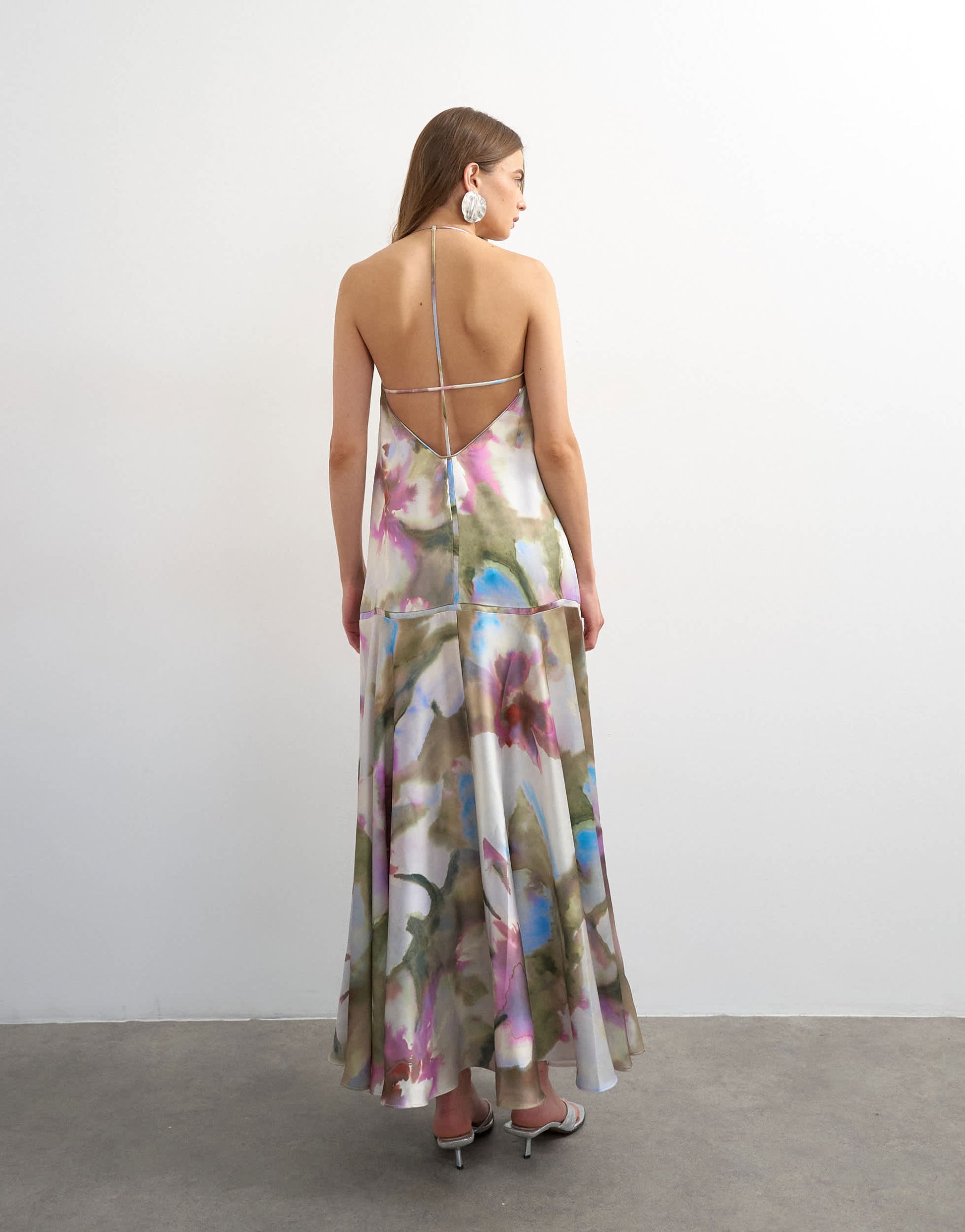 Topshop satin seamed maxi dress with piped edges in painterly floral