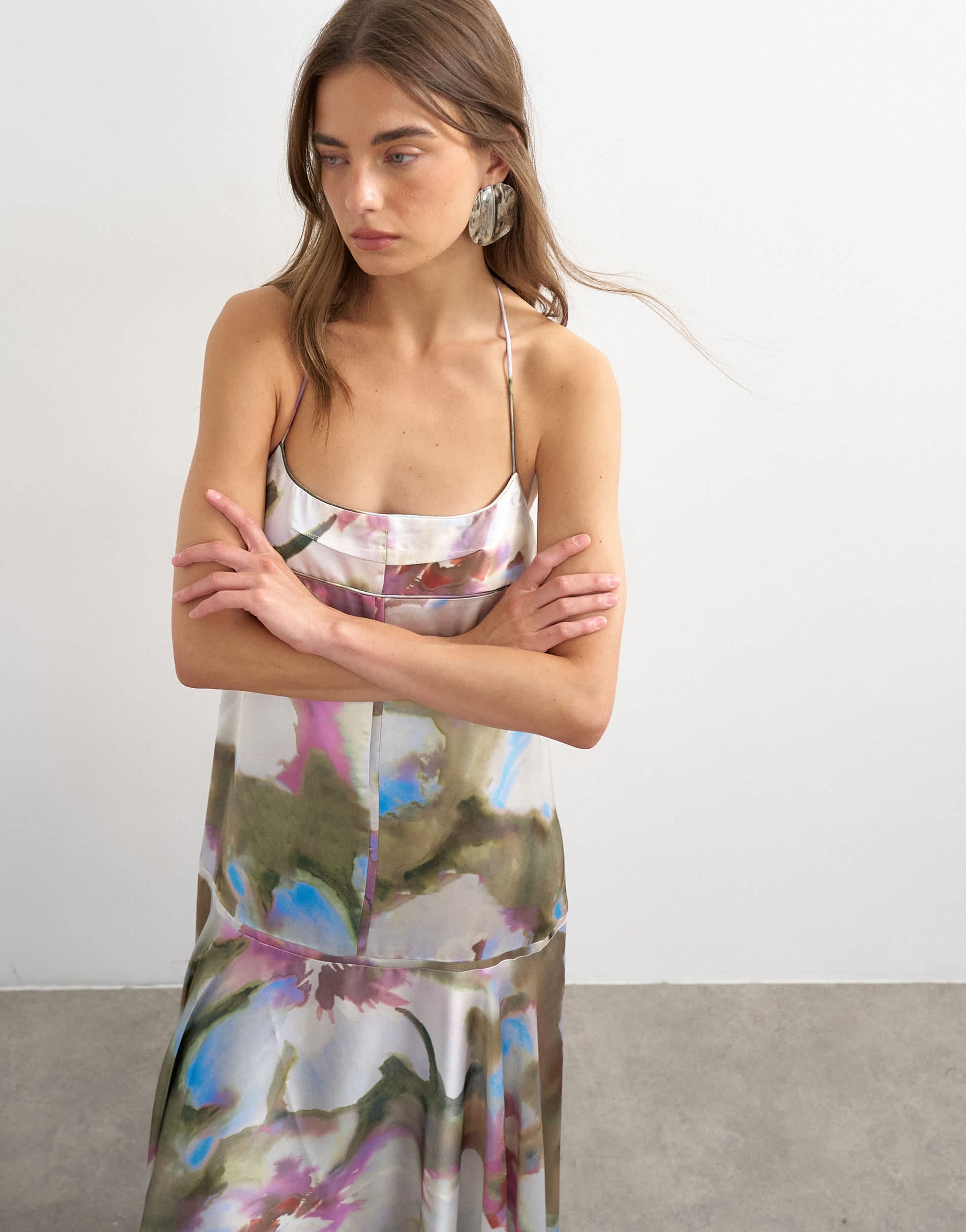 Topshop satin seamed maxi dress with piped edges in painterly floral
