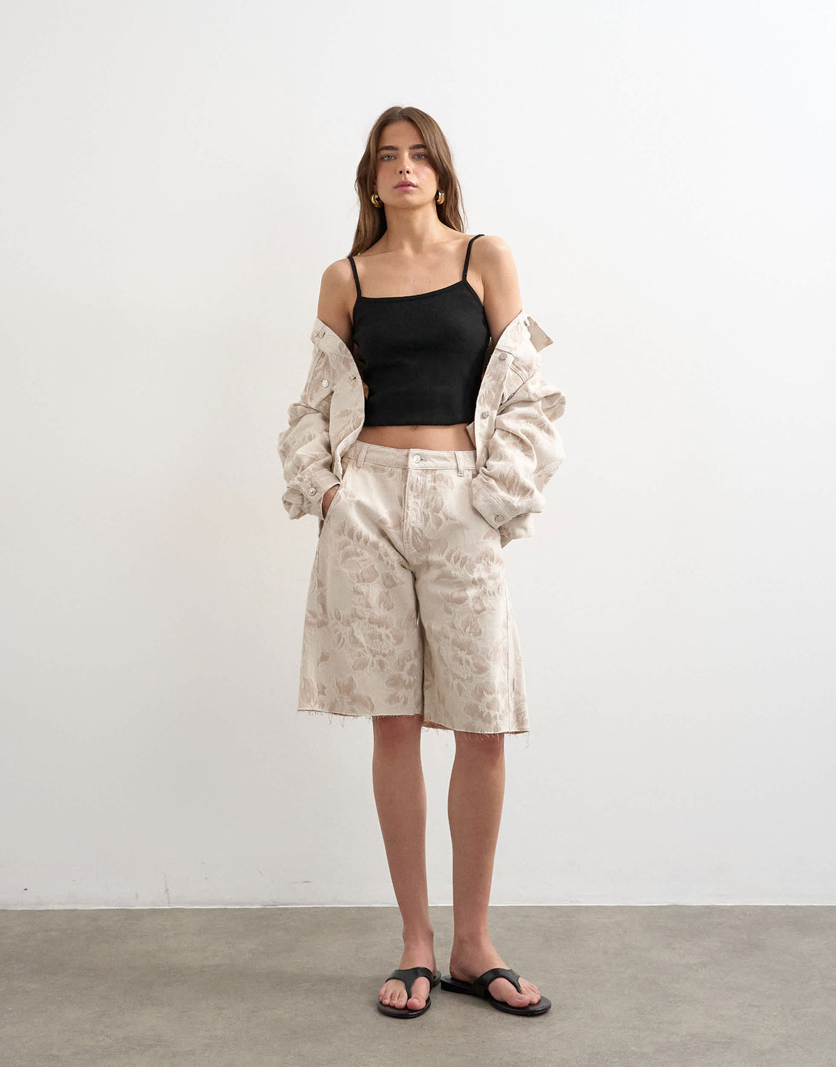 Topshop denim barrel jort in ecru jacquard floral