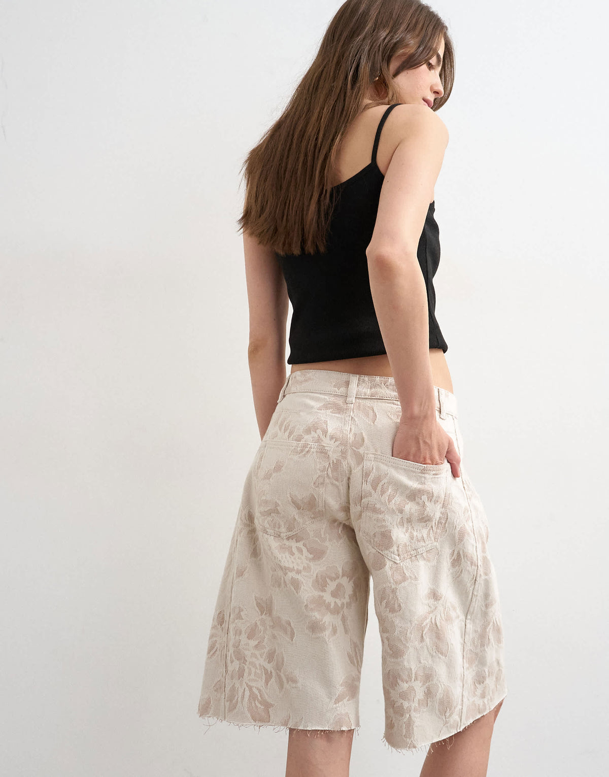 Topshop denim barrel jort in ecru jacquard floral