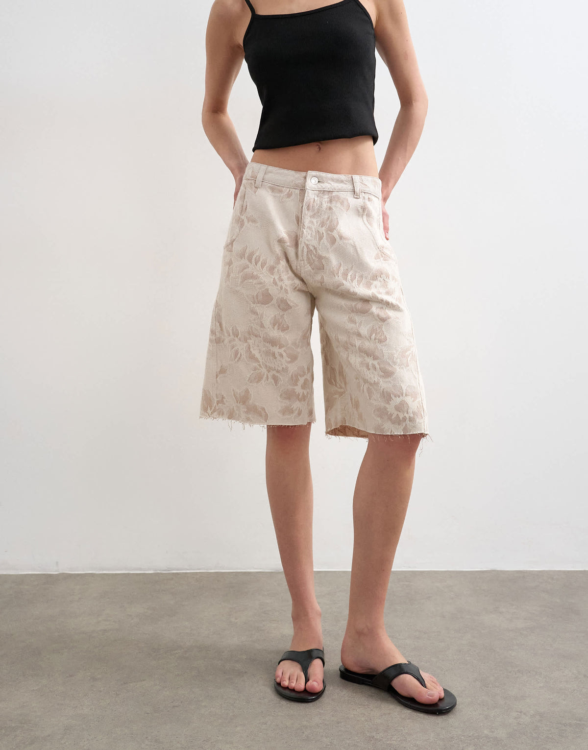 Topshop denim barrel jort in ecru jacquard floral