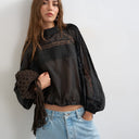 Topshop lace trim ruched side blouse in black