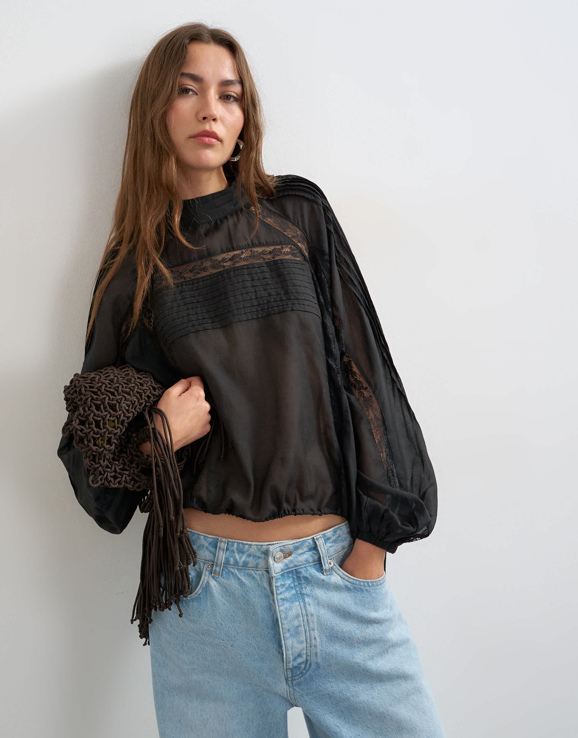 Topshop lace trim ruched side blouse in black