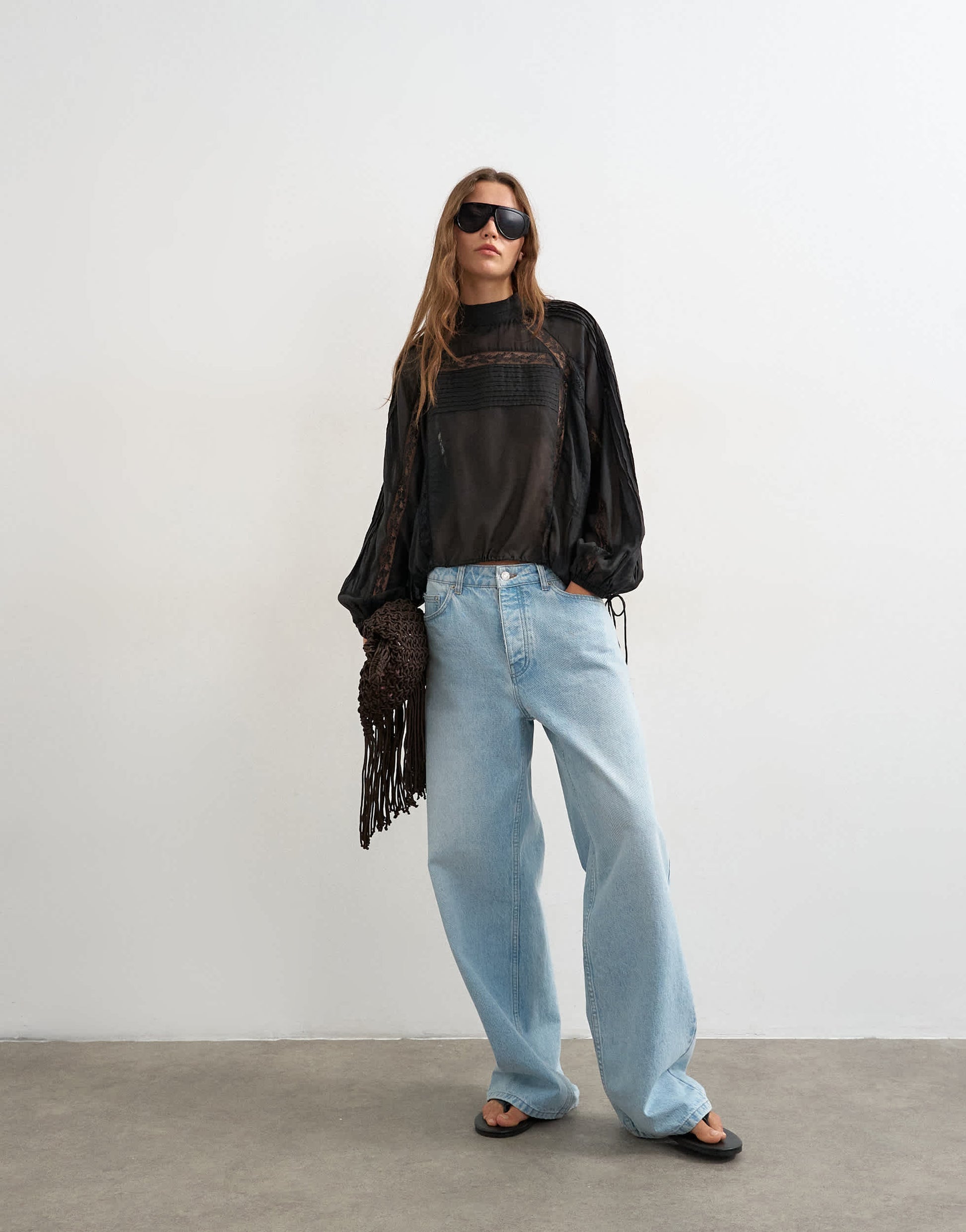 Topshop lace trim ruched side blouse in black