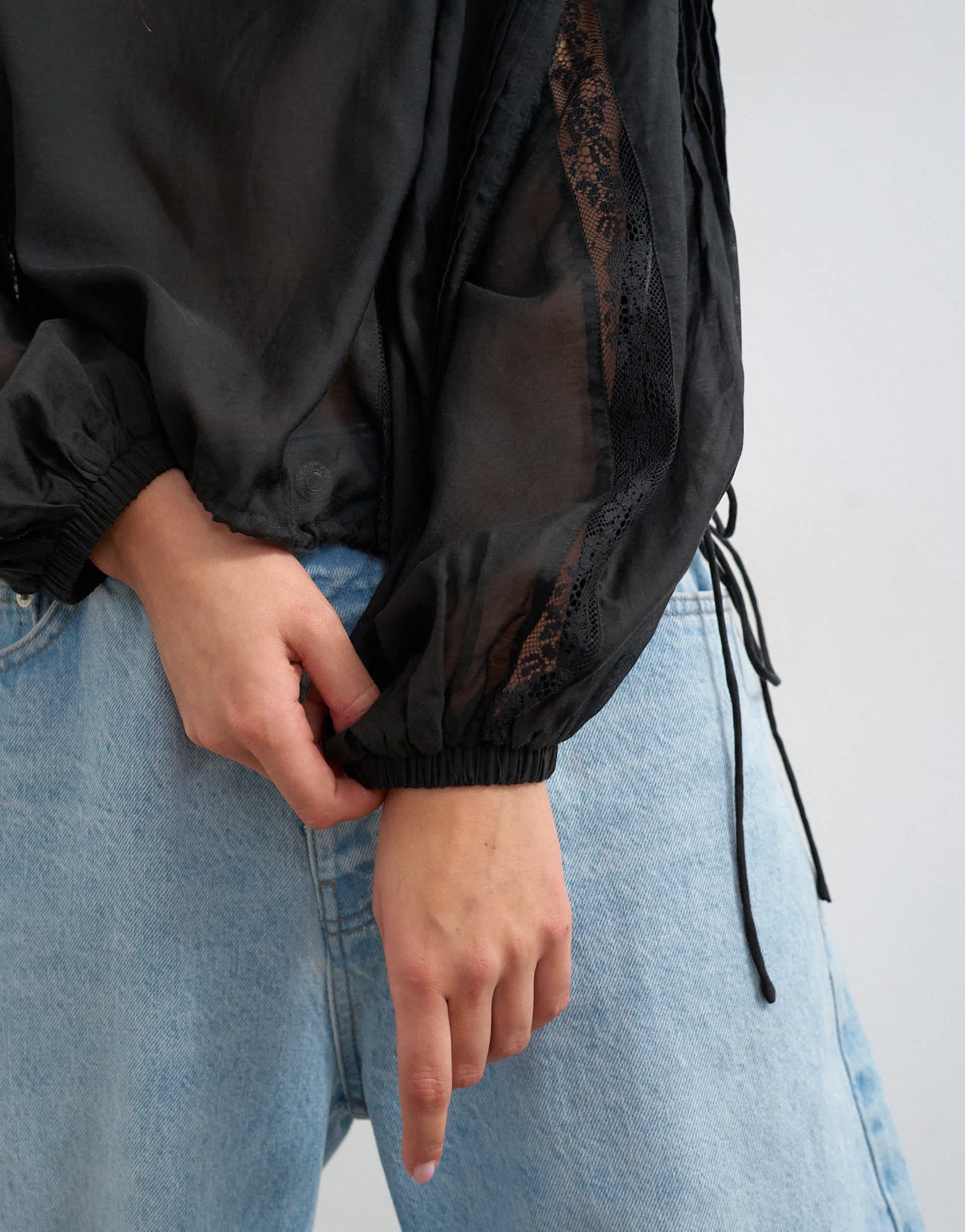 Topshop lace trim ruched side blouse in black
