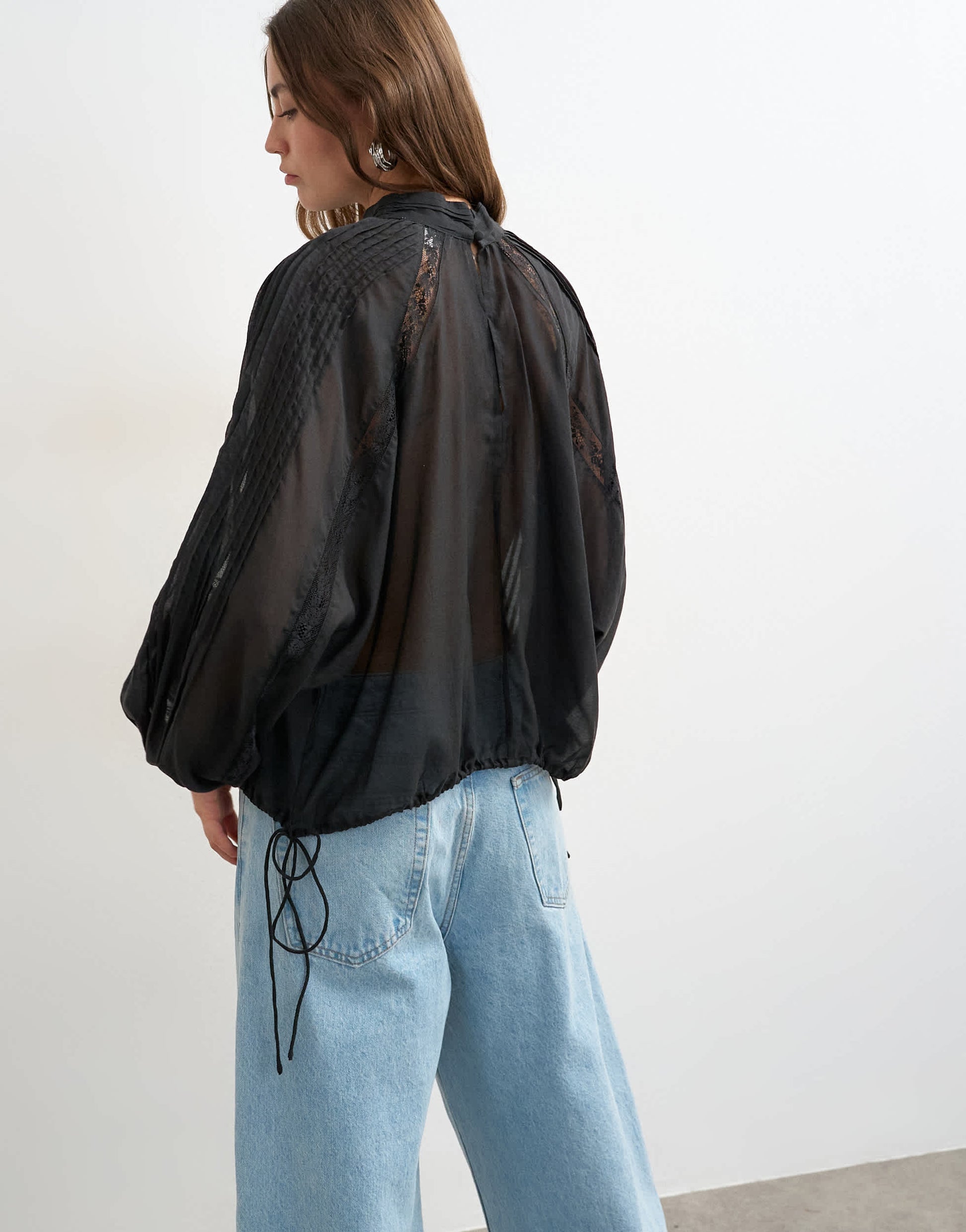 Topshop lace trim ruched side blouse in black