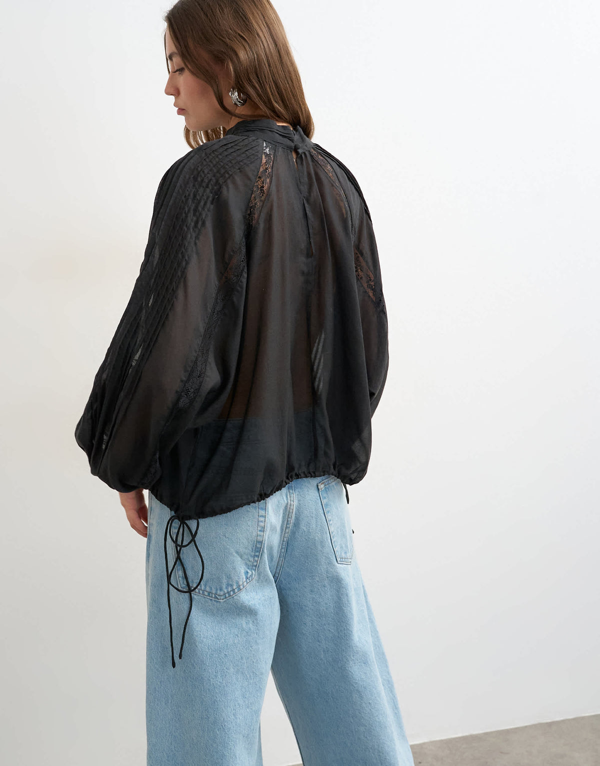 Topshop lace trim ruched side blouse in black