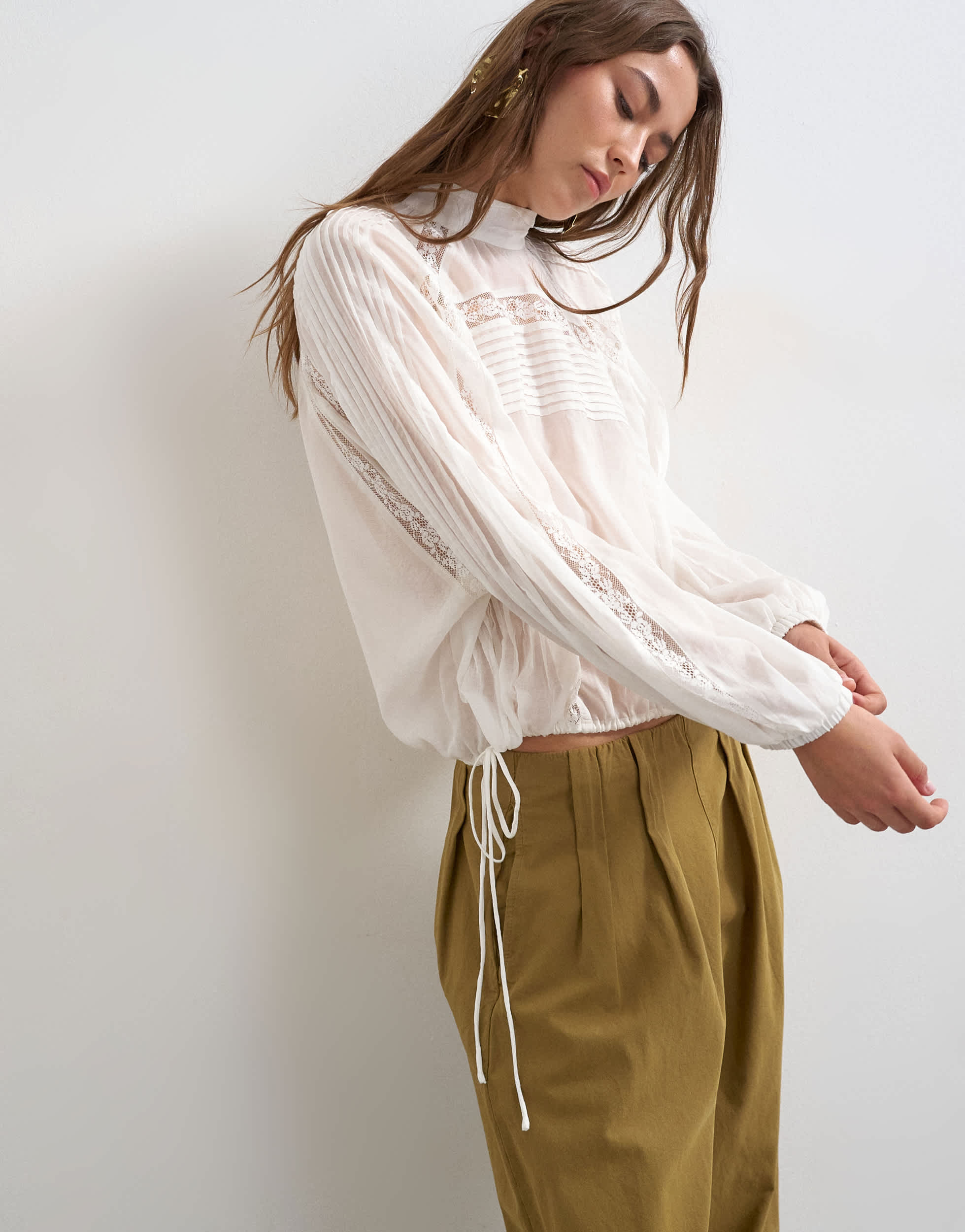 Topshop lace trim ruched side blouse in white