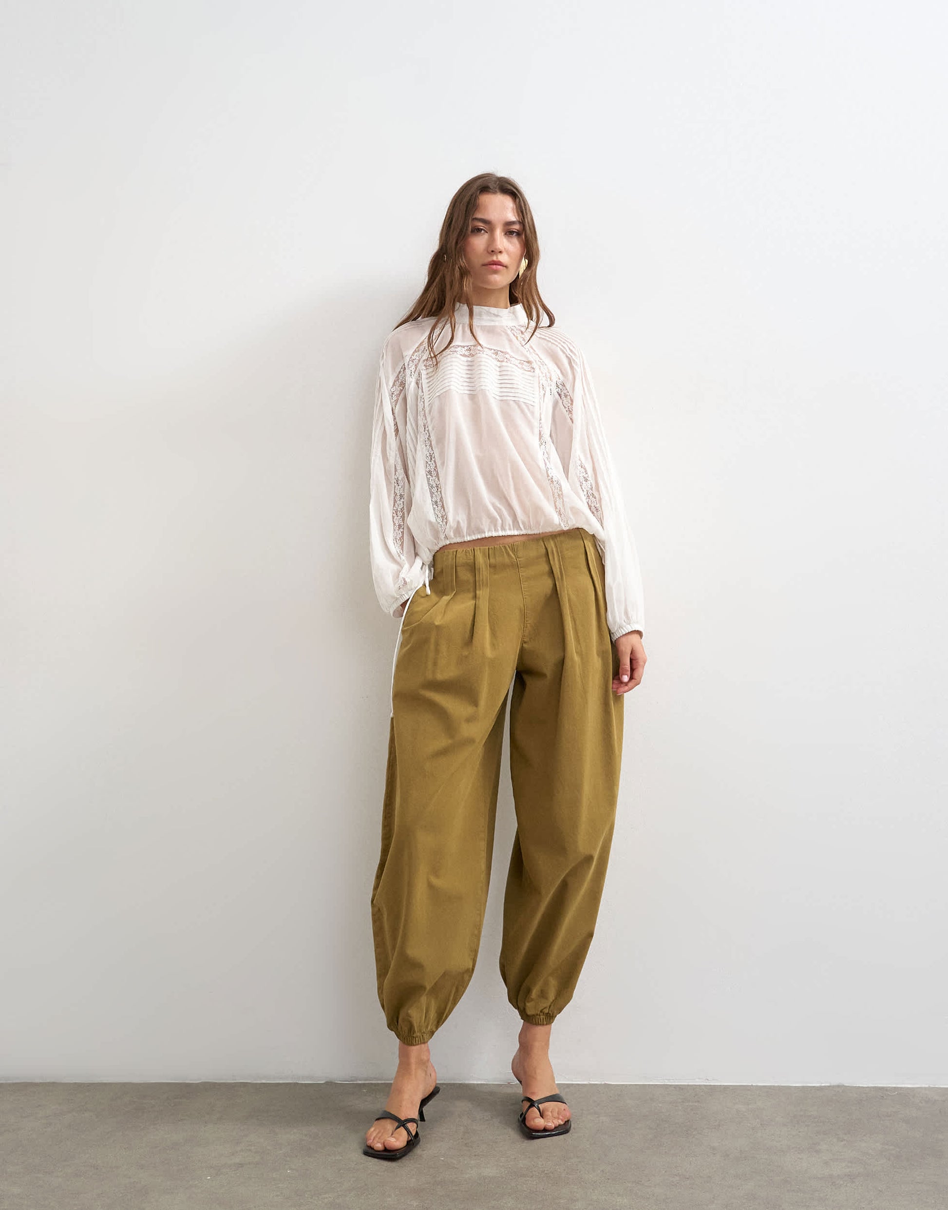 Topshop lace trim ruched side blouse in white