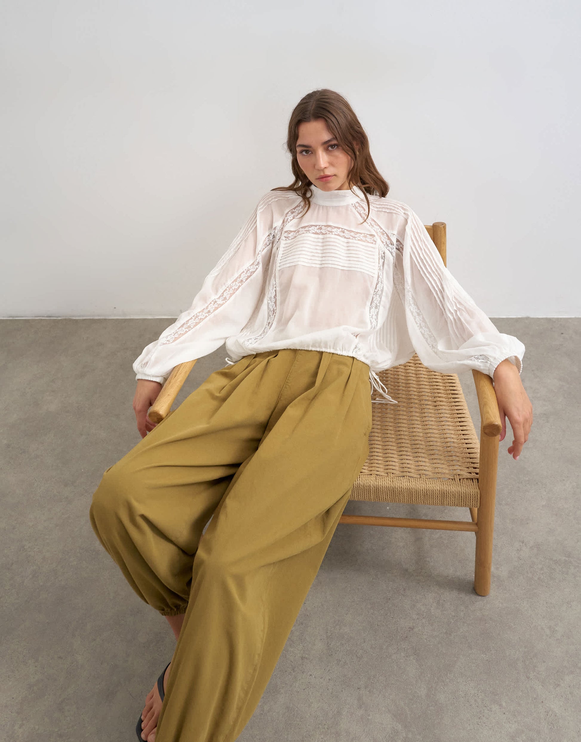 Topshop lace trim ruched side blouse in white