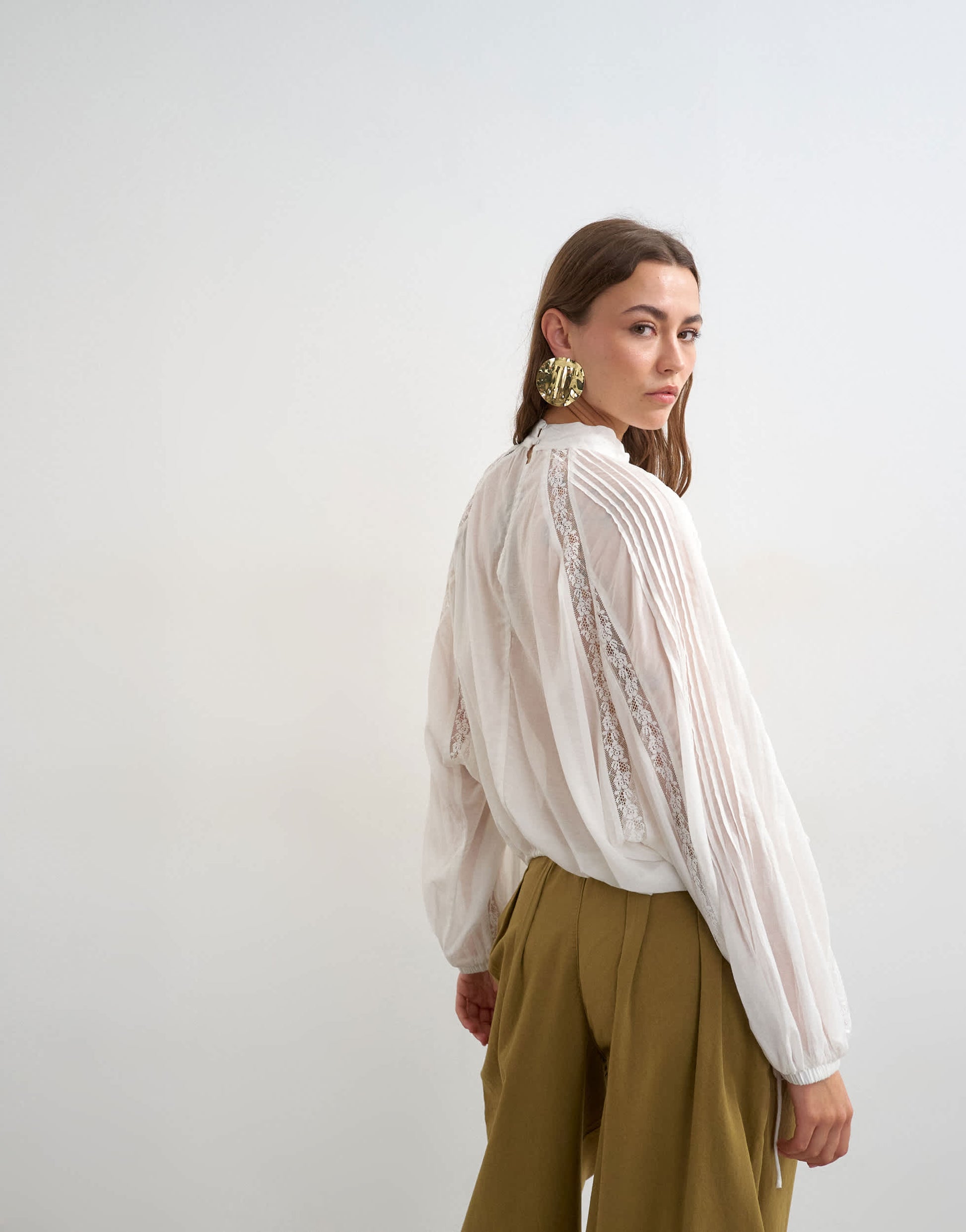 Topshop lace trim ruched side blouse in white